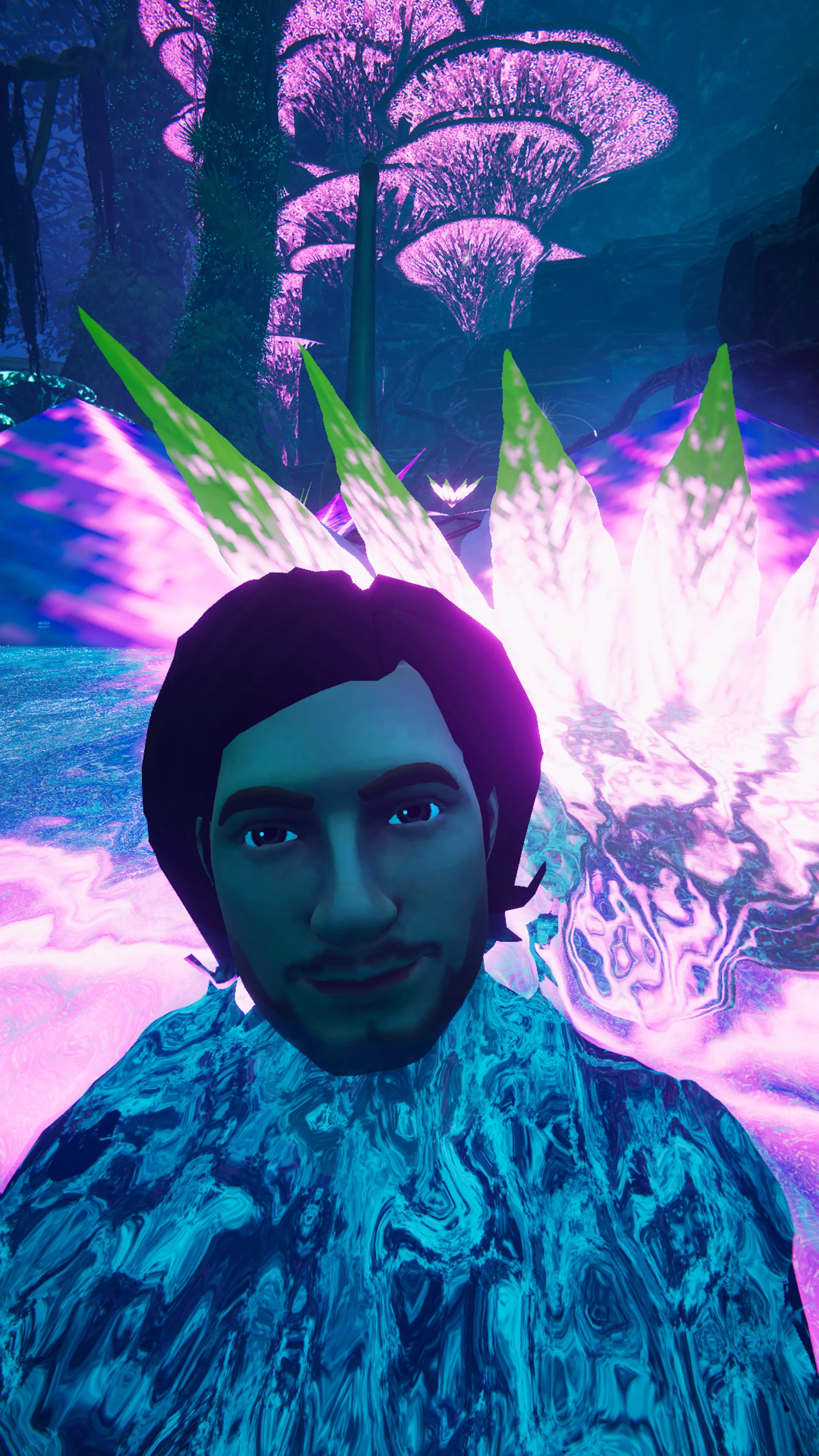 Self-portrait submerged in an iridescent lake in the Metaverse.  This project began with an assignment for National Geographic magazine documenting the metaverse and grew into many additional projects including this 100 self-portraits series, all made using an in world camera.  Photographed in VRChat in a world called Pandora Night built by Fins.