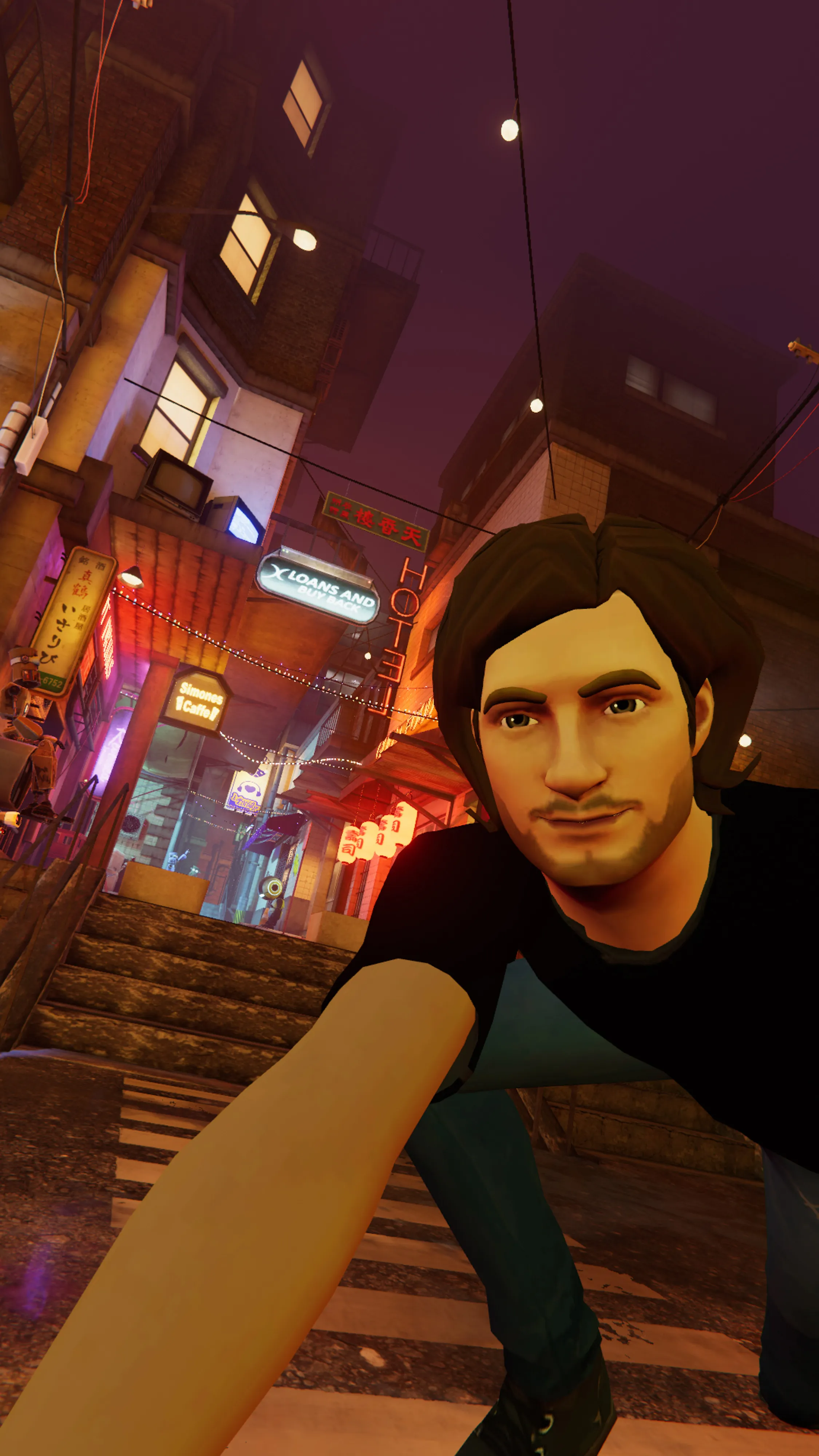 Self-portrait in the streets of District Roboto, in VRChat.  World built by Fins.  This project began with an assignment for National Geographic magazine documenting the metaverse and grew into many additional projects including this 100 self-portraits series, all made using an in world camera.