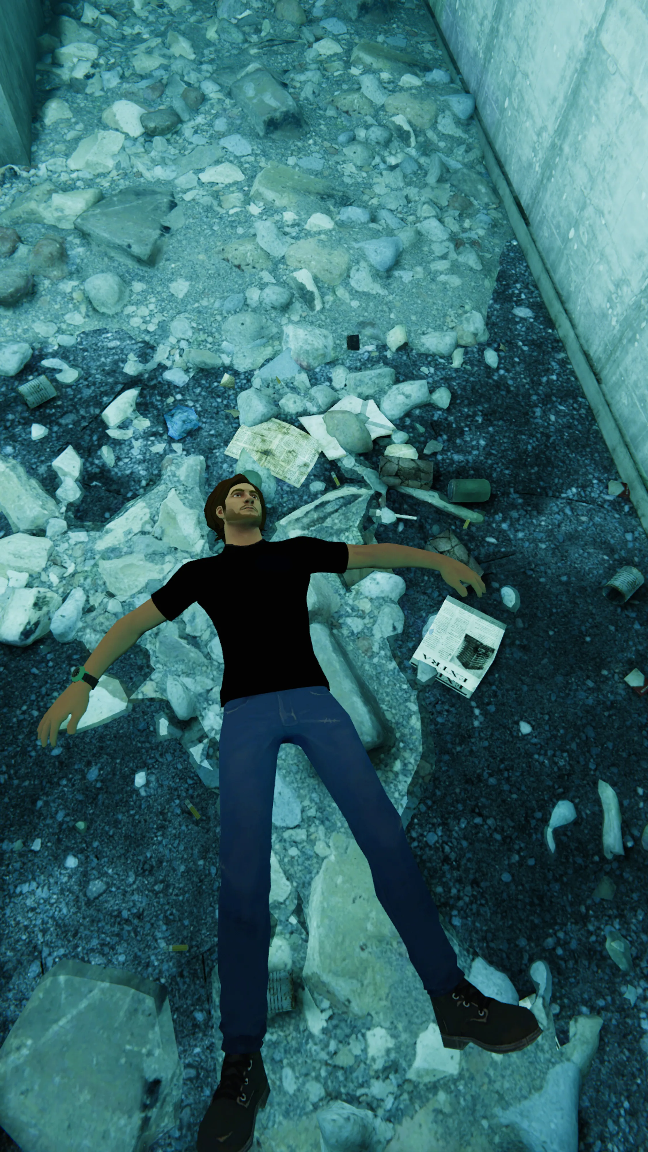 Self-portrait passed out in a brightly lit, garbage strewn alley of District Roboto, in VRChat.  World built by Fins.  This project began with an assignment for National Geographic magazine documenting the metaverse and grew into many additional projects including this 100 self-portraits series, all made using an in world camera.