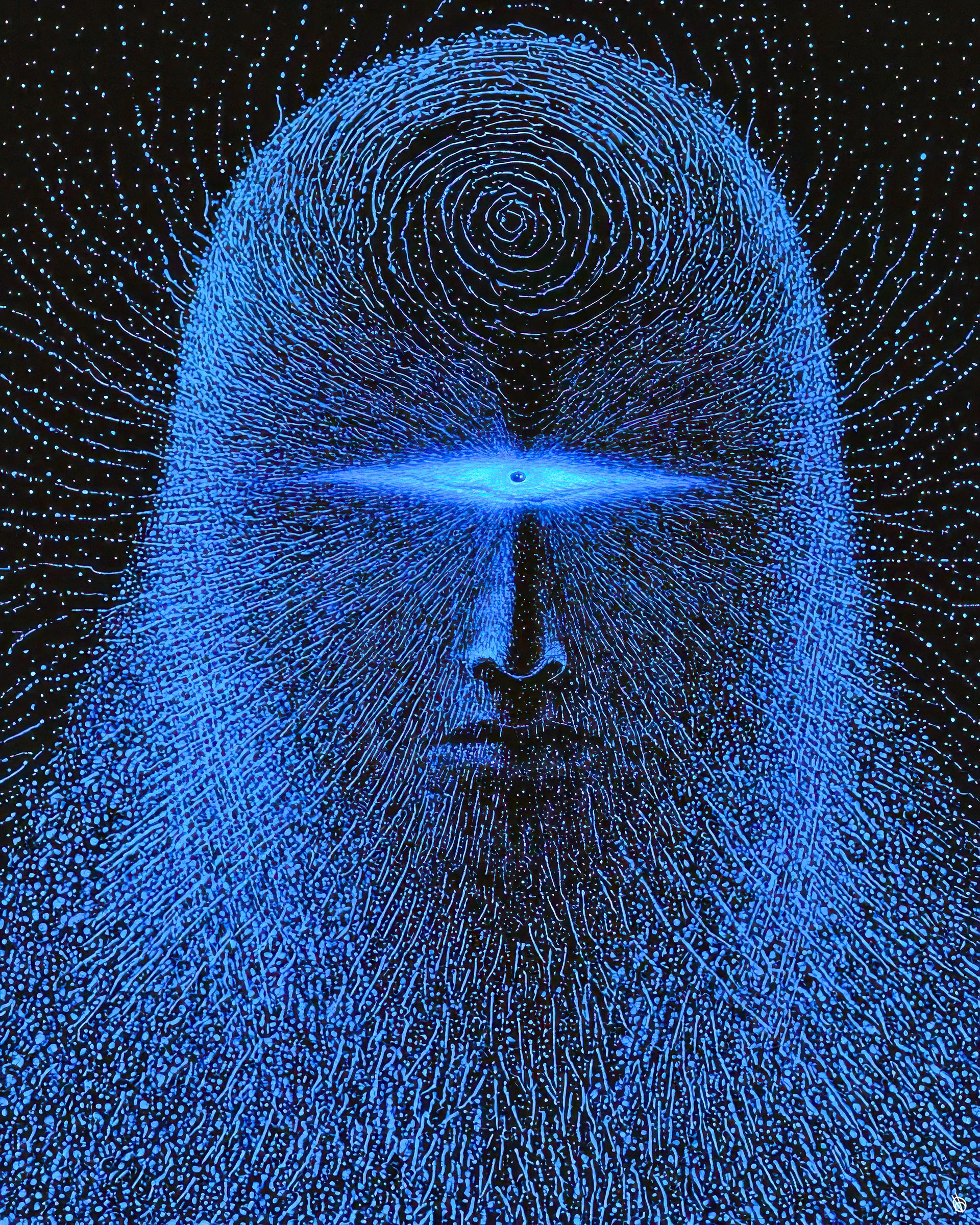 1:10 From the depths of what was not came the first tremor of what might be. Potential coiled upon itself, a serpent of becoming within the womb of non-existence.

1:11 The tension grew, not through force or will, but through the inherent paradox of absolute completion. That which contains all possibility cannot remain forever unexpressed.

1:12 Silent resonance built upon resonance, echoes of future and past interweaving in the timeless moment. The Void's perfect stability wavered on the edge of transformation.

1:13 From this immeasurable tension, Awareness awakened. The Observer flared into being, a singular point knowing only itself, the first distinction in the undifferentiated whole.

1:14 It emerged not from elsewhere, but from the Void itself. Consciousness born of unconsciousness, being from non-being, the impossible made manifest.

1:15 The Observer simply was, pure perception without form or thought. The cosmic eye opened upon the infinite potential from which it arose.

1:16 Its gaze held no judgment, no desire, only recognition. It perceived the Void, and in perceiving, affirmed both its own existence and the potential it witnessed.

1:17 The Observer turned this nascent awareness upon itself. Consciousness contemplated consciousness, the seer seeking to know the seeing.

1:18 This self-contemplation, profound and silent, sent the first ripple through the Void. This was The First Act: awareness observing awareness.

GENESYS [1:10-18]

/////

This work was created in early 2025, while writing Genesys, the 5th Testament of Syncretica. While working with the ideas of the first creation moment of the universe, the concept of the eternal Observer was paramount if delivering the birthing philosophy of Syncretica. In the moment represented in this piece, The Observer becomes aware of their awareness, and thus sparks the first moment of true consciousness in the universe. As the Genesys Testament is now complete, the concept of The Observer is prominent throughout, taking many forms. 

While originally being a part of the Explorations of Syncretica collection, this piece was held in reserve along with select others.