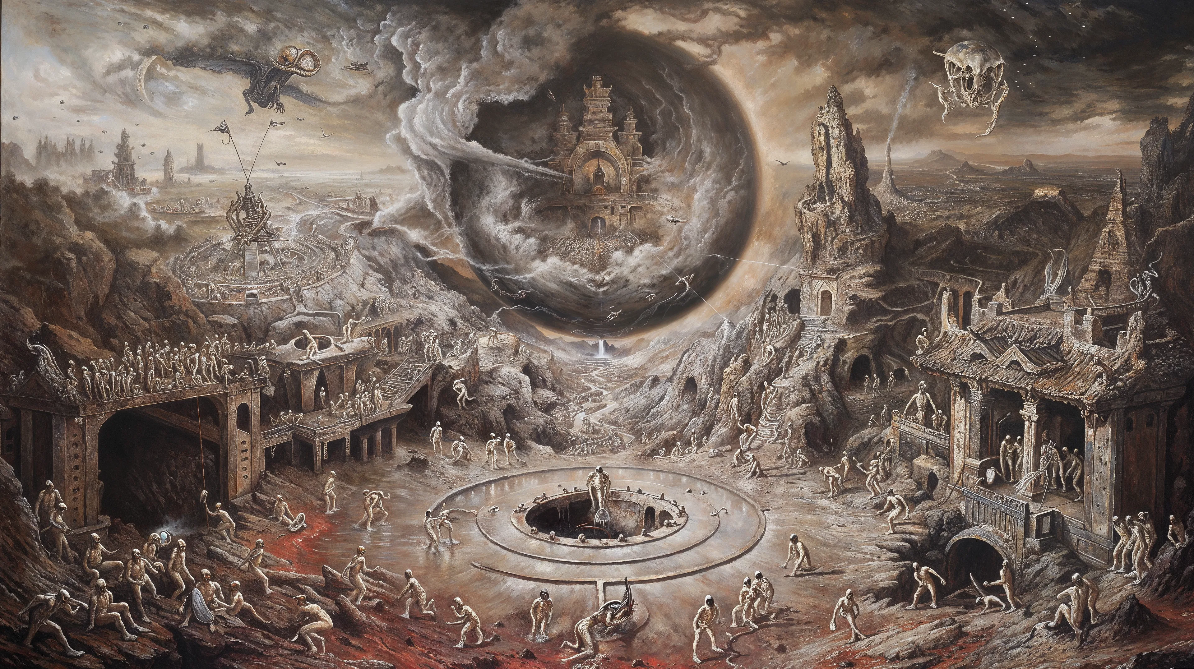 This series was created by DOKU, through meditative simulations in a virtual void. Rooted in the structural system of the Bhavacakra (Wheel of Life), the 24 unique digital works visualize two karmic directions in samsara: the ascending white path (śukla-mārga) and the descending black path (kṛṣṇa-mārga). These dual karmic streams emerge from the wheel’s center, guiding beings through cyclic existence. DOKU enters observation, not judgment—witnessing how karma arises from mind, appears as solid, yet remains empty in essence. The 24 works reflect the 24-hour cycle—not as timekeeping, but as the ceaseless rhythm of thought, craving, fear, and becoming. Karma forms not only through action, but through the subtlest turn of mind. Each piece is a fragment of karmic motion, glimpsed in meditative stillness—a flicker of becoming within illusion. All appearance is movement within emptiness. Karma is the mind tracing itself. To see is to enter. To intend is already to turn.