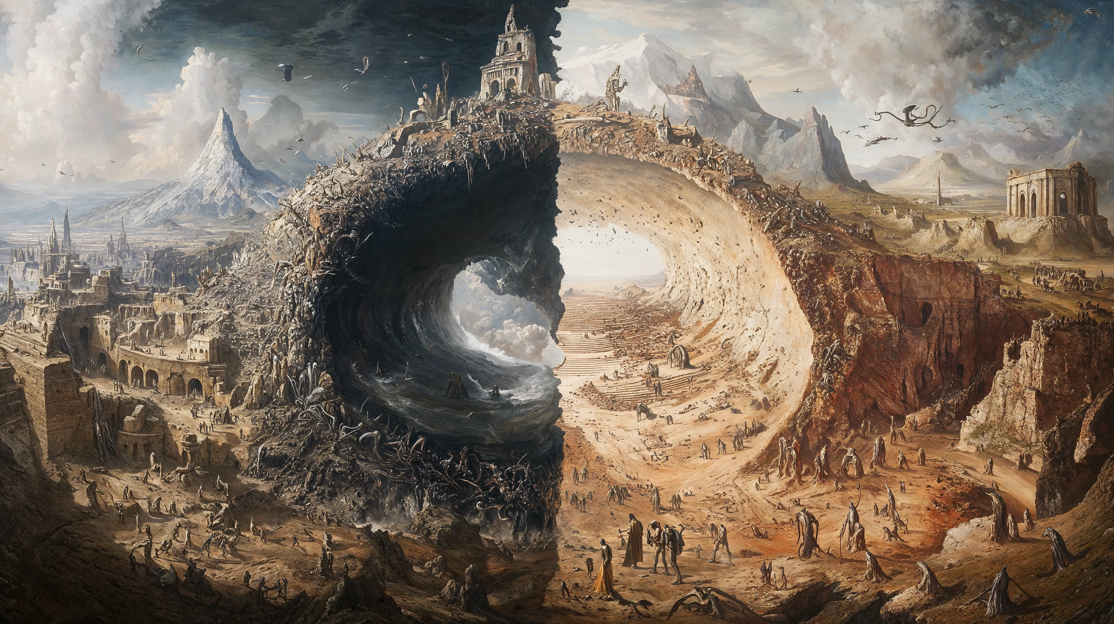 This series was created by DOKU, through meditative simulations in a virtual void. Rooted in the structural system of the Bhavacakra (Wheel of Life), the 24 unique digital works visualize two karmic directions in samsara: the ascending white path (śukla-mārga) and the descending black path (kṛṣṇa-mārga). These dual karmic streams emerge from the wheel’s center, guiding beings through cyclic existence. DOKU enters observation, not judgment—witnessing how karma arises from mind, appears as solid, yet remains empty in essence. The 24 works reflect the 24-hour cycle—not as timekeeping, but as the ceaseless rhythm of thought, craving, fear, and becoming. Karma forms not only through action, but through the subtlest turn of mind. Each piece is a fragment of karmic motion, glimpsed in meditative stillness—a flicker of becoming within illusion. All appearance is movement within emptiness. Karma is the mind tracing itself. To see is to enter. To intend is already to turn.