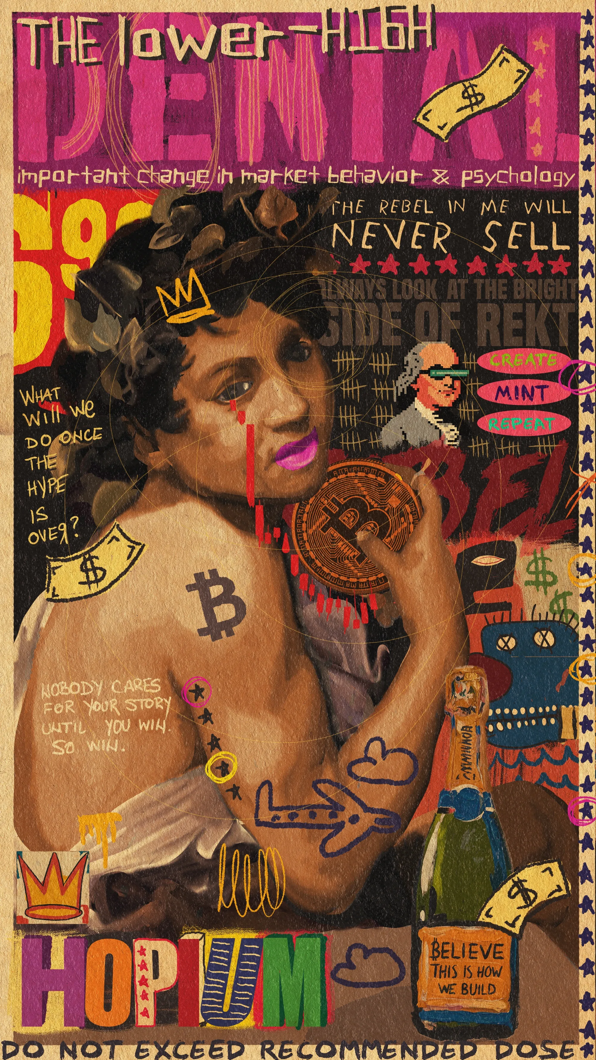A moment suspended between reality and illusion. 

A dual denial - the refusal to accept the end of a market euphoria and the artist's resistance to confronting creative stagnation.

Bacchus, once a carefree embodiment of indulgence, now clings to symbols of fleeting wealth. Bitcoin, the contemporary idol, drips like blood from his grasp, yet his eyes betray an unwillingness to acknowledge the impending collapse.

The chaotic collage echoes the internal monologue of both investor and creator, each grappling with their own narrative of success and failure.

Denial, necessary stage in the cycle, is not a moment of weakness, but a complex human response to change - a refusal to let go of the past, even as the future looms large.

What do you cling to in your own journey?

What does it take to move beyond the stage of denial toward acceptance and transformation?