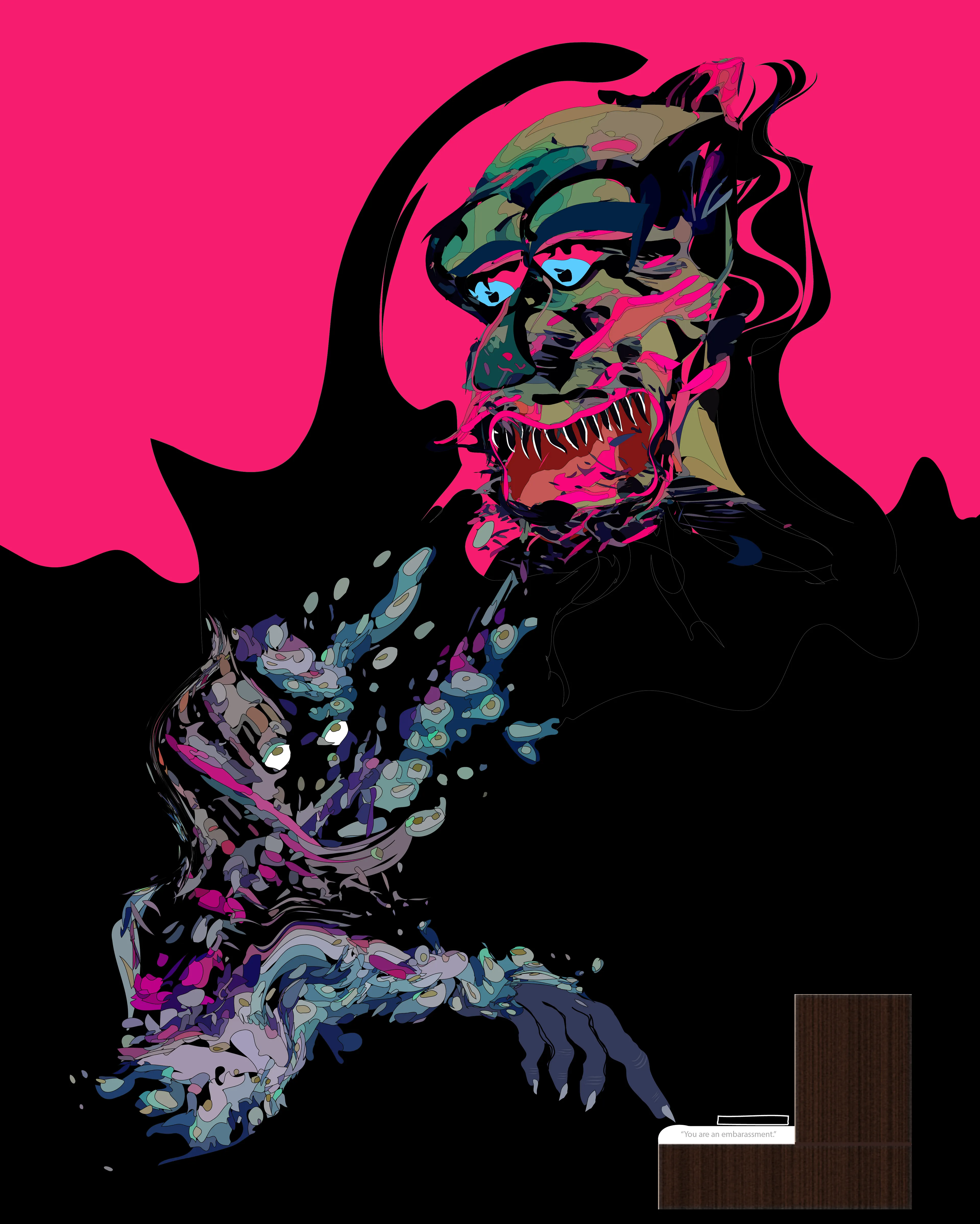 This piece represents the soul sucking experience of learning under "masters" of music theory. 

Traditional theory never clicked for me, I could only learn by ear. Ear training was not acceptable amongst veterans of music theory, it was called RUBBISH.

"You are an embarrassment." 

***
My piano teacher was Rubbish. 
