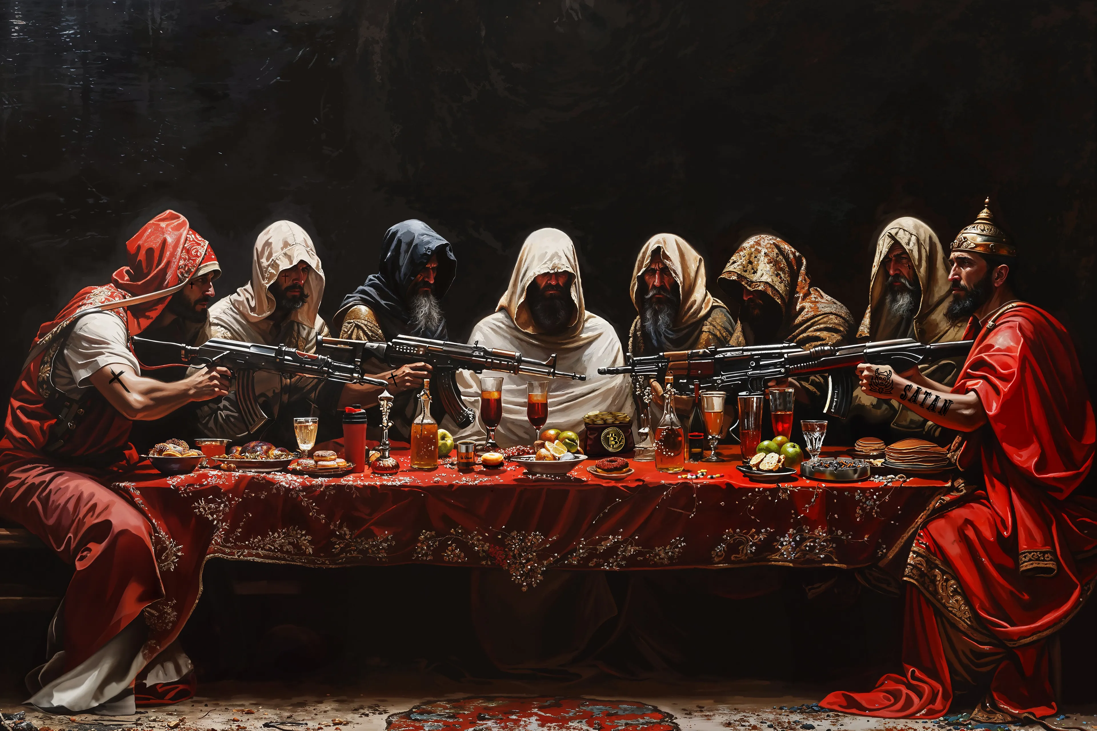After the Last Supper, the disciples had a rough night. Judas now stands trial during the The First Breakfast. The disciples pick sides. All is about to break loose. 

This iconic piece spins a modern take on religious art.  From cigs, fresh tats, donuts and a Bitcoin bag, this story will open your mind to what really happened the morning after. 