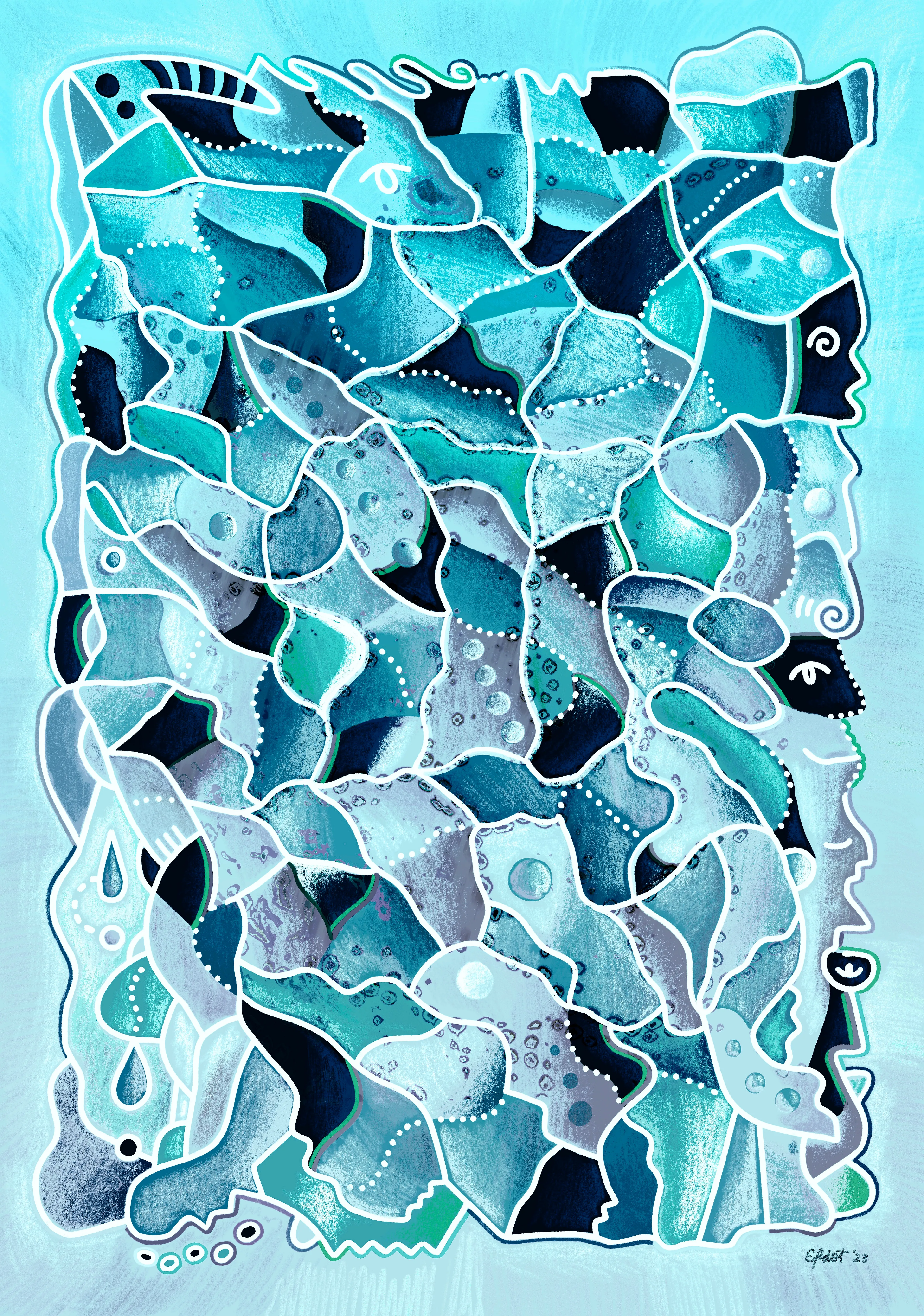 Pools and puddles of life illuminate and flow into each other. Could this be where life starts?

This piece reminds us that our 'window of life' on this planet is endlessly beautiful, yet temporary and fleeting.

The "Window" series was created in honor of Rita Nelson, Efdot's grandmother, who practiced as a stained glass artist.

Digital drawing mixed with original photography  
Edition of 17  
2023