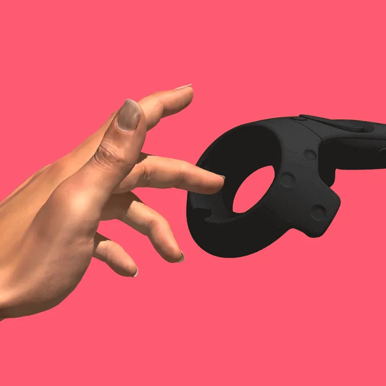 “Floating 3D hands gently caress a floating VR controller in front of a coral pink background. The loop cuts between two shots, one showing the more phallic side of the controller, and the other the more orifice-like side. Theo Triantafyllidis’ work often deals with virtuality and fantasy in epic longform animations and performances — ‘Speculative Fetish (Vive Controller)’ is more like a haiku on these themes.” —Rick Silva

“Originally made for and exhibited at Faith Holland’s Speculative Fetish GIF party on January 6, 2018. The brief was: ‘Internet Rule 34. There is porn of it, no exception. | Rule 35. If no porn is found at the moment, it will be made.’” —Theo Triantafyllidis 