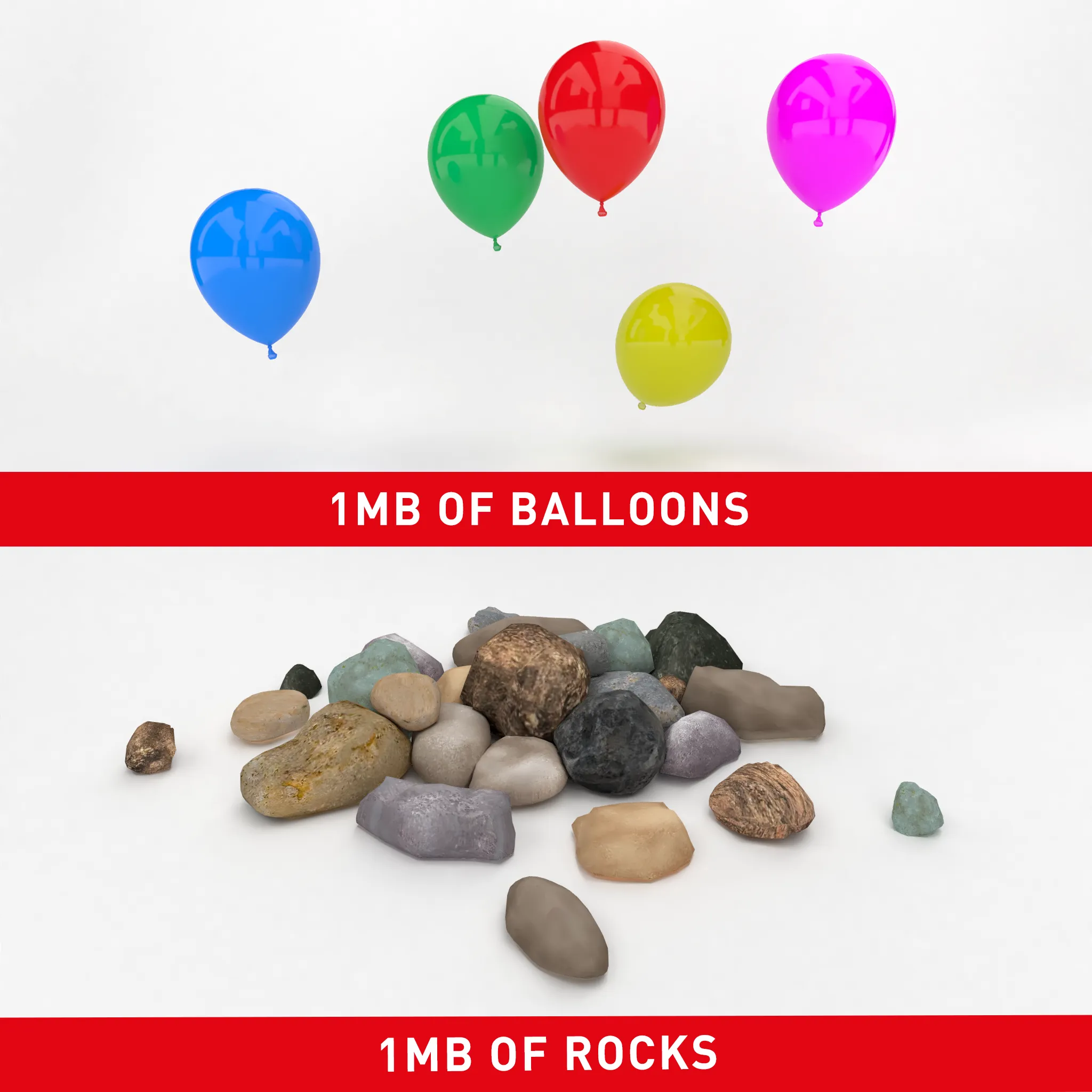 1 MB of Balloons / 1MB of Rocks is a dual edition of digitally signed sculpture, each consisting of 2 x 1MB packages of OBJ/JPG files. The collector of this image is granted a commercial-use license of 1MB of Balloons / 1MB of Rocks. 

https://alanwarburton.co.uk/1mb
Password: a2p_edition