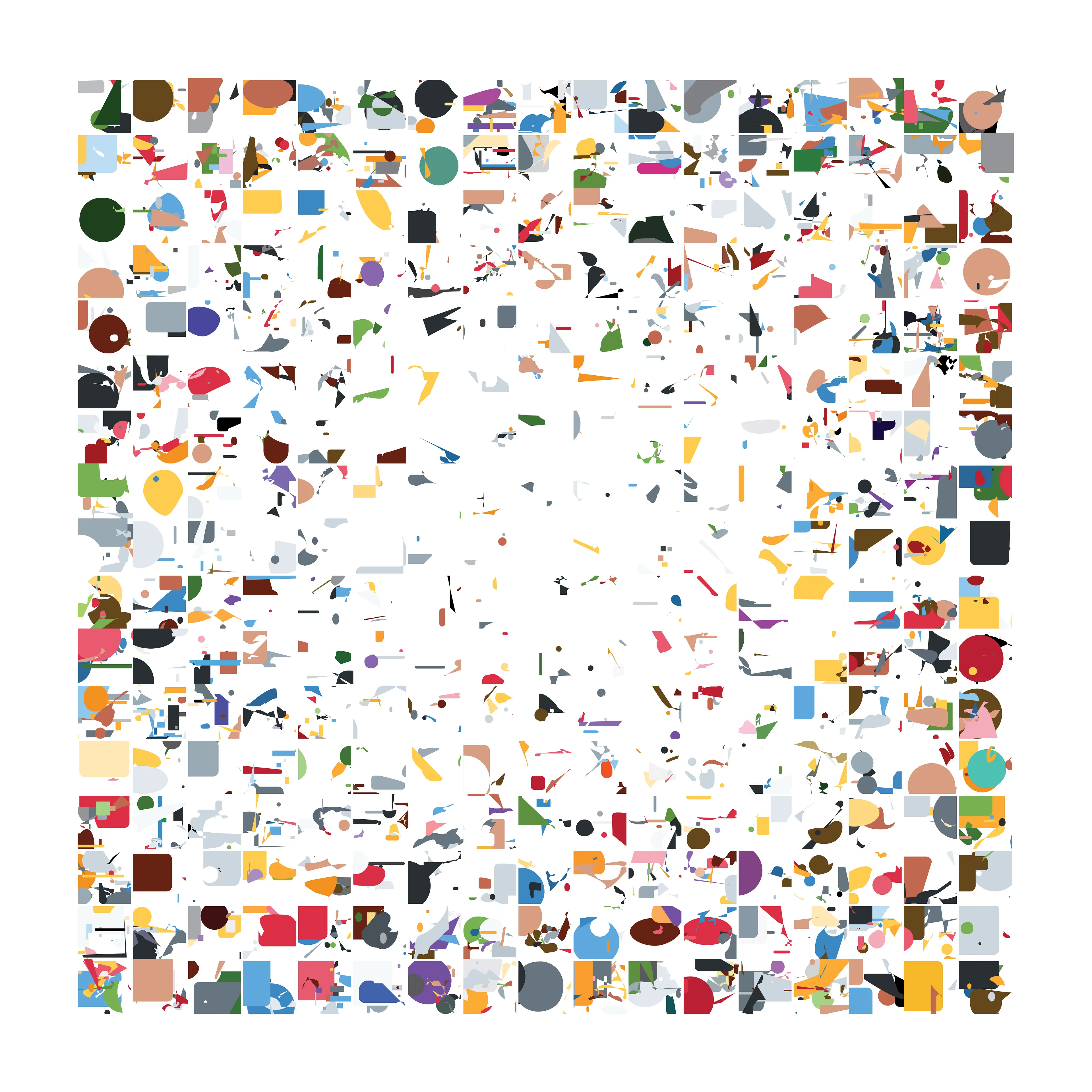 This collection of abstract shapes was produced by a recurrent neural network trained on SVG emoji vector art, generating new "emoji" character by character. The layout is inspired by Roger Coqart.