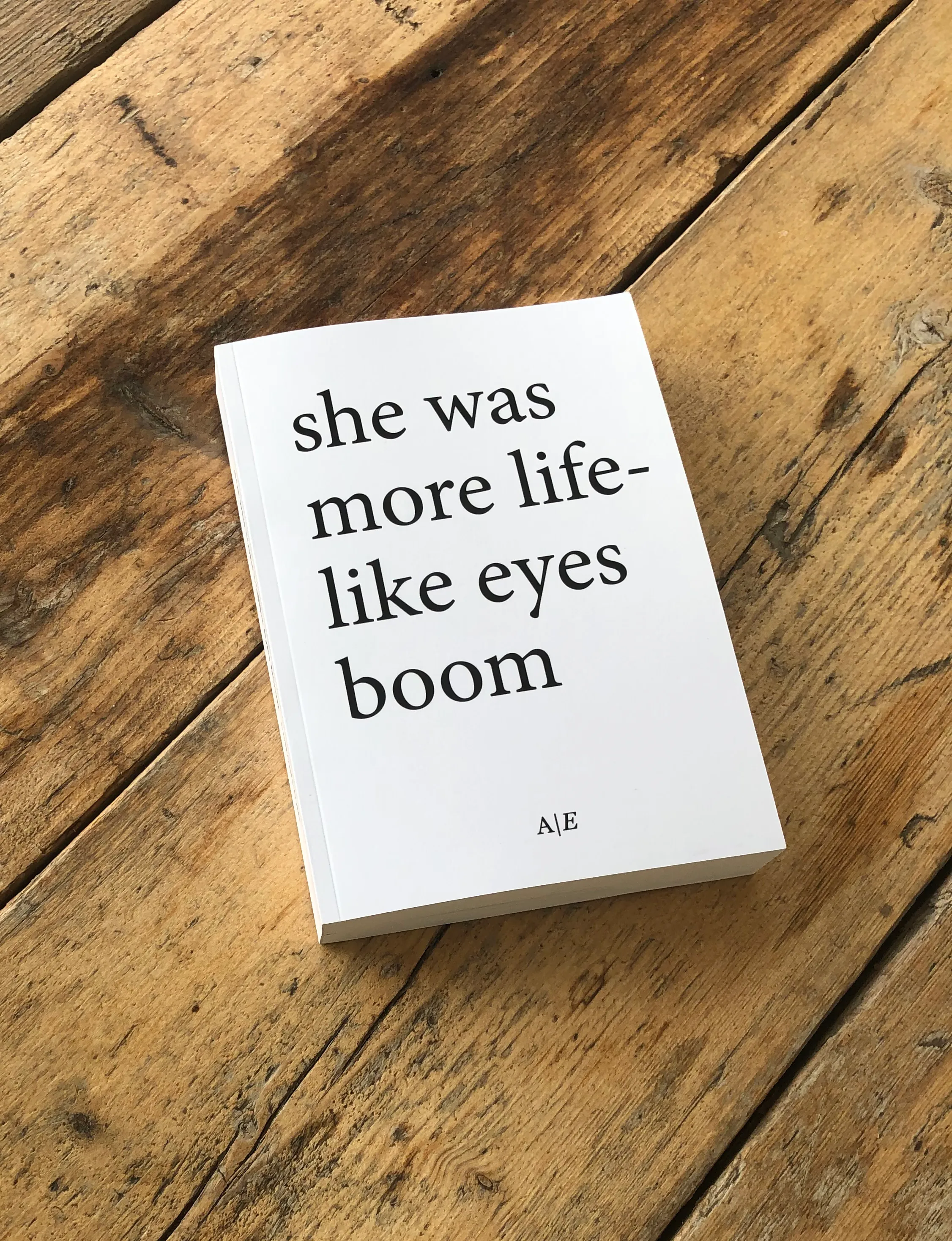 "she was more lifelike eyes boom" is a 462 page limited edition of 10 print on demand books. A transcription, without any modifications, of youtube auto-generated subtitles extracted from the joe rogan experience #1328 to #1339 & #1359 videos, featuring joe rogan, young jamie, whitney cummings, brian moses, bernie sanders, alonzo bodden, annie ledermann, tom papa, fahim anwar, jim gaffigan,  big jay oakerson, luis j.gomez, dave smith, dan crenshaw, roy wood, everlast & roseanne barr. ISBN 978-16-924-9185-7