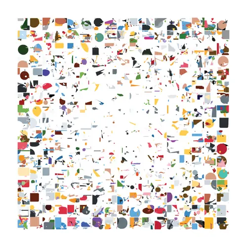 This collection of abstract shapes was produced by a recurrent neural network trained on SVG emoji vector art, generating new "emoji" character by character. The layout is inspired by Roger Coqart.