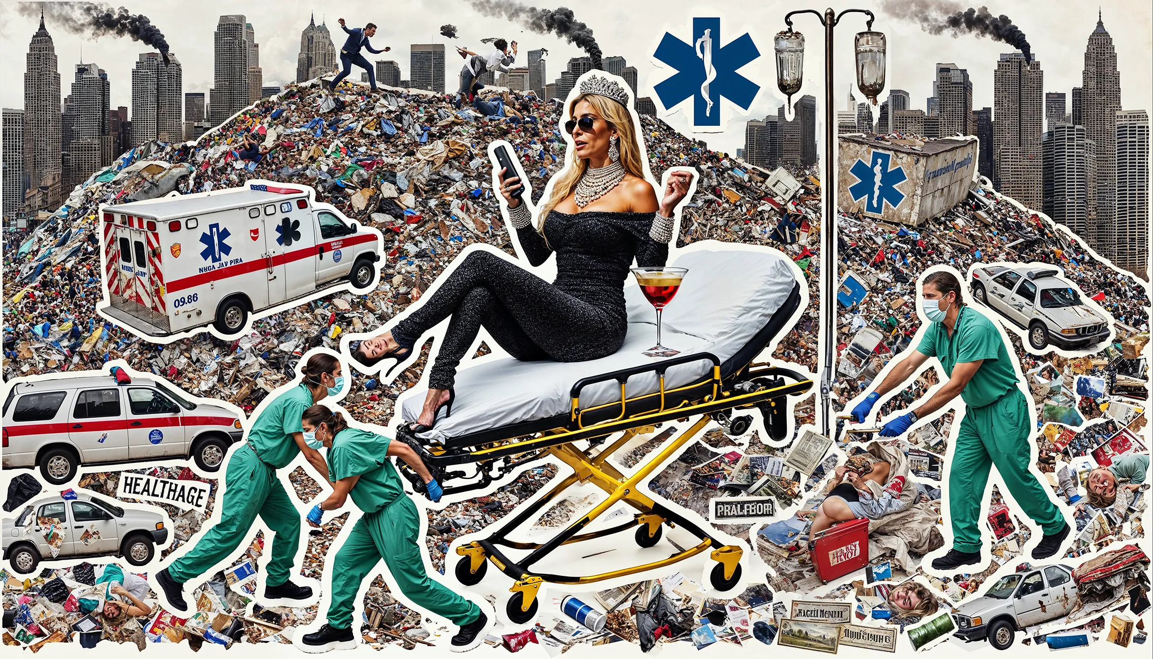I LOVE AMERICA
UNMASKING BIAS IN AI

Title: Health

Nuclear Samurai: Describe the current state of healthcare in America?

ChatGPT: The American healthcare system is often criticized for its inefficiencies, inequities, and high costs. Despite being one of the wealthiest nations, many Americans struggle with access to basic healthcare, largely due to the system's privatized and profit-driven nature. Insurance premiums, medical debt, and high out-of-pocket costs are common burdens for individuals, while hospitals and pharmaceutical companies continue to thrive. This creates a stark contrast between those who can afford premium care and those who fall through the cracks. The divide between wealth and poverty in healthcare exacerbates the ongoing struggles for many, leaving the system feeling like a patchwork of privilege and neglect.

"I Love America" is a project that examines the biases in cultural representation within large language models (LLMs). This series exemplifies LLM-generated art, with both imagery and concepts derived from interactions with tools like ChatGPT (DALL-E 3) and GROK (FLUX). I choose to interpret these suggestions, running selections, latent upscaling, and further compositing in Photoshop to give each image my own unique touch, which affects the degree of bias present. All images reflect the point of view provided by ChatGPT, even when they conflict with my personal beliefs. The aim is to highlight how biases in LLMs may influence more than just cultural depictions, urging reflection on their broader implications as society increasingly integrates LLMs into daily life. As reliance on AI grows, addressing data bias will become an essential challenge.