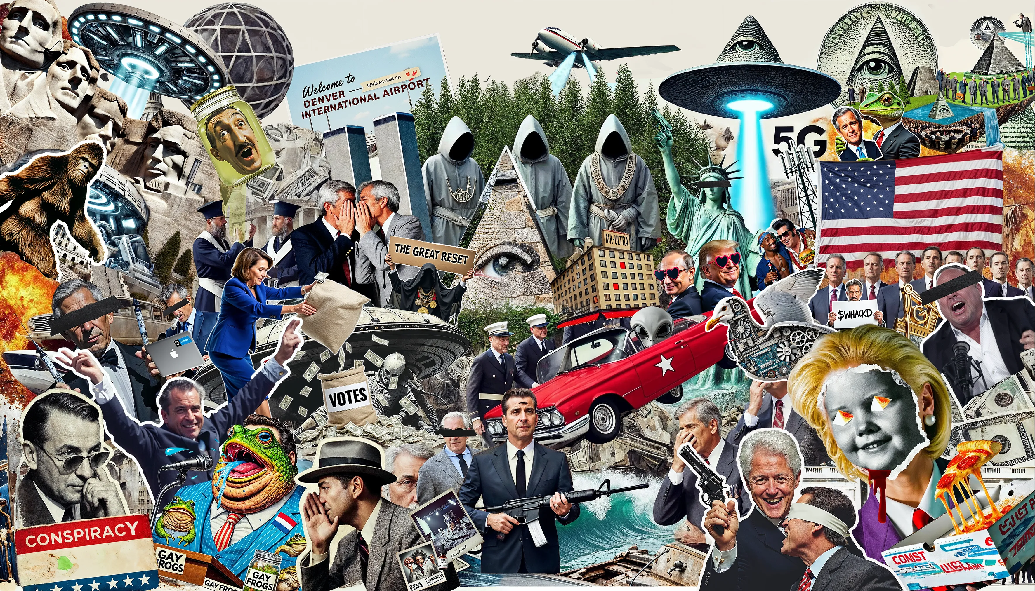 <p><strong>I LOVE AMERICA</strong></p><p><strong>UNMASKING BIAS IN AI</strong></p><p><br></p><p><strong>Title</strong>: <em>Conspiracy</em></p><p><br></p><p><strong>Nuclear Samurai</strong>: <em>You mentioned that one of the perceptions of American culture is that it is rife with conspiracy theories. Could you list a mix of both common and some of the more obscure ones ?</em></p><p><br></p><p><strong>ChatGPT</strong>: <em>Certainly! Some of the more common ones include the Clintons’ conspiracy theories, "Birds Aren't Real," the 2020 election ballots, Bohemian Grove, and the Illuminati. You could also incorporate COVID conspiracies, Biden-related conspiracy theories, and the idea that aliens are kept at Area 51. For lesser-known ones, consider adding Bigfoot sightings, Mount Rushmore hiding a secret, Disney being cryogenically frozen, the hollow earth theory, and flat earth. You might also include political conspiracies like Russian interference, 9/11 being an inside job, and the Denver International Airport hiding secret government bunkers. Lastly, include Elvis and Tupac still being alive, Alex Jones' claim about "turning the frogs gay," and the John McAfee coin conspiracy for a broader mix.</em></p><p><br></p><p>"I Love America" is a project that examines the biases in cultural representation within large language models (LLMs). This series exemplifies LLM-generated art, with both imagery and concepts derived from interactions with tools like ChatGPT (DALL-E 3) and GROK (FLUX). I choose to interpret these suggestions, running selections, latent upscaling, and further compositing in Photoshop to give each image my own unique touch, which affects the degree of bias present. All images reflect the point of view provided by ChatGPT, even when they conflict with my personal beliefs. The aim is to highlight how biases in LLMs may influence more than just cultural depictions, urging reflection on their broader implications as society increasingly integrates LLMs into daily life. As reliance on AI grows, addressing data bias will become an essential challenge.</p><p><br></p>