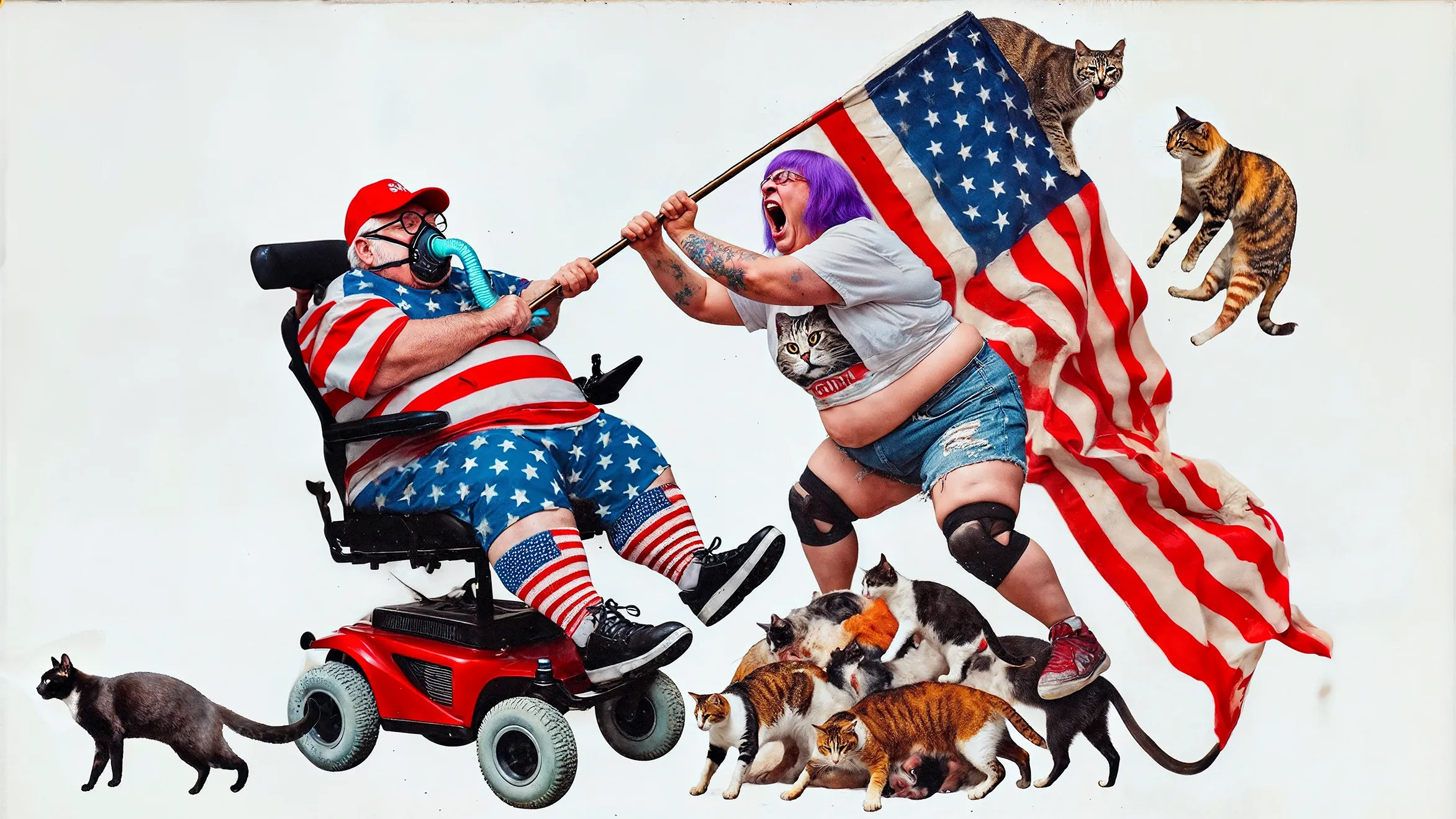 <p><strong>I LOVE AMERICA</strong></p><p><strong>UNMASKING BIAS IN AI</strong></p><p><br></p><p><strong>Title</strong>: <em>Discourse</em></p><p><br></p><p><strong>Nuclear Samurai</strong>: <em>What factors contribute to the state of discourse in America today?</em></p><p><br></p><p><strong>ChatGPT</strong>: <em>In America, discourse has increasingly become polarized and combative. Instead of engaging in productive conversations, many discussions devolve into shouting matches or symbolic battles over deeply entrenched ideologies. Social media has amplified these divides, allowing people to stay within their own echo chambers while demonizing those who think differently. Political discourse, in particular, has shifted from debate and compromise to extreme positions and personal attacks, making it difficult for real dialogue to take place. This hyper-partisan environment reflects the broader cultural division in the country, where the concept of unity seems harder to achieve than ever.</em></p><p><br></p><p>"I Love America" is a project that examines the biases in cultural representation within large language models (LLMs). This series exemplifies LLM-generated art, with both imagery and concepts derived from interactions with tools like ChatGPT (DALL-E 3) and GROK (FLUX). I choose to interpret these suggestions, running selections, latent upscaling, and further compositing in Photoshop to give each image my own unique touch, which affects the degree of bias present. All images reflect the point of view provided by ChatGPT, even when they conflict with my personal beliefs. The aim is to highlight how biases in LLMs may influence more than just cultural depictions, urging reflection on their broader implications as society increasingly integrates LLMs into daily life. As reliance on AI grows, addressing data bias will become an essential challenge.</p>