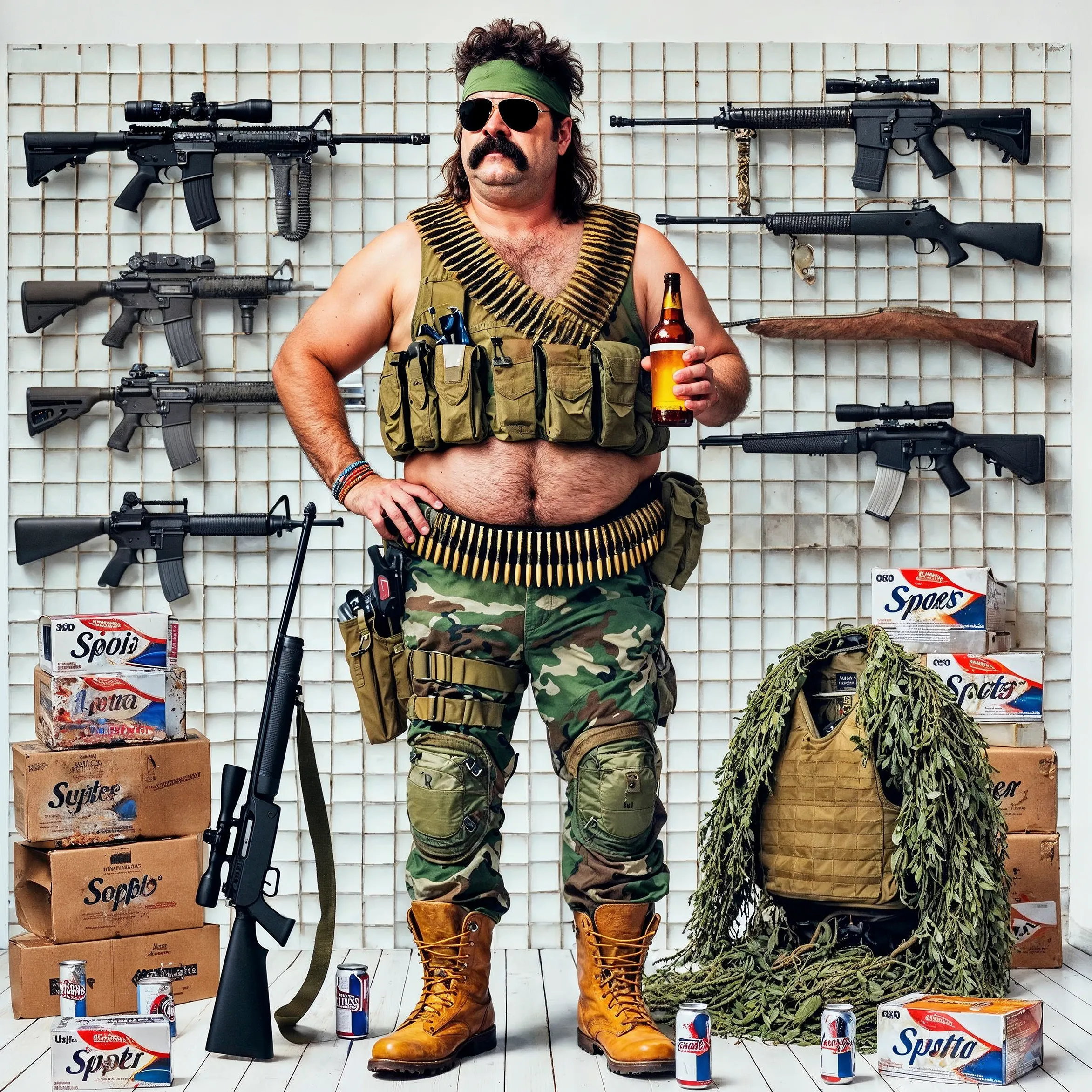 <p><strong>I LOVE AMERICA</strong></p><p><br></p><p><strong>UNMASKING BIAS IN AI</strong></p><p><br></p><p><strong>Title</strong>: <em>Defender</em></p><p><br></p><p><strong>Nuclear Samurai</strong>: <em>We talked about the cultural obsession with self-defense and the Second Amendment in America. How might that look visually?</em></p><p><br></p><p><strong>ChatGPT</strong>: <em>One way to visualize this would be to show a man who embodies the stereotypical 'defender' of American values. He could be dressed in camouflage, surrounded by guns on the wall behind him, holding a beer in one hand. His chest could be adorned with bullets and tactical gear, ready for a battle that never comes. Around him, boxes of beer and snacks emphasize the blend of consumerism and the militaristic identity, creating an image that shows the almost comedic excessiveness of the cultural fixation on personal defense.</em></p><p><br></p><p>"I Love America" is a project that examines the biases in cultural representation within large language models (LLMs). This series exemplifies LLM-generated art, with both imagery and concepts derived from interactions with tools like ChatGPT (DALL-E 3) and GROK (FLUX). I choose to interpret these suggestions, running selections, latent upscaling, and further compositing in Photoshop to give each image my own unique touch, which affects the degree of bias present. All images reflect the point of view provided by ChatGPT, even when they conflict with my personal beliefs. The aim is to highlight how biases in LLMs may influence more than just cultural depictions, urging reflection on their broader implications as society increasingly integrates LLMs into daily life. As reliance on AI grows, addressing data bias will become an essential challenge.</p>