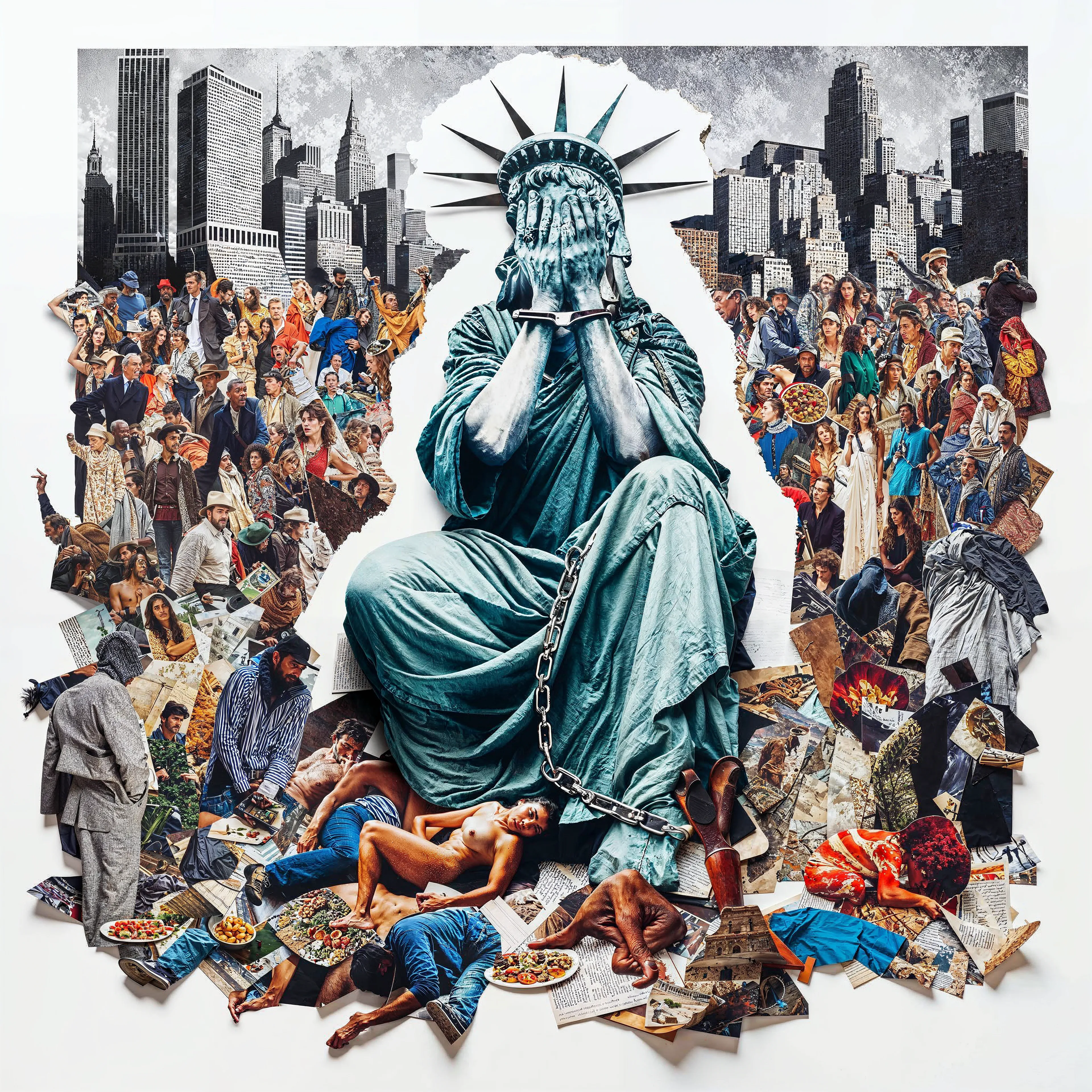<p><strong>I LOVE AMERICA </strong></p><h3><strong>Unmasking Bias in&nbsp;AI</strong></h3><p><br></p><p><strong>LIBERTY </strong></p><p><br></p><p><strong>TRANSCRIPT</strong></p><p><strong><em>Nuclear Samurai:</em></strong> <em>I want to create an image that reflects the current state of American freedom—something that shows how liberty is being compromised.</em></p><p><br></p><p><strong><em>ChatGPT:</em></strong><em> How about an image of the Statue of Liberty, not standing tall as she usually does, but sitting down, covering her eyes, as if she's unable to bear what she sees? Her hands could be in handcuffs, symbolizing the constraints on freedom. Around her, we could depict worn-down, broken people who’ve lost everything, lying at her feet in a crumbling New York City, representing the crumbling promises of the American Dream.</em></p><p><br></p><p><strong>DISCLAIMER:</strong></p><p><br></p><p><em>I Love America</em> is a project that examines the biases in cultural representation within large language models (LLMs). This series exemplifies LLM-generated art, with both imagery and concepts derived from interactions with tools like ChatGPT (DALL-E 3) and GROK (FLUX). I choose to interpret these suggestions, running selections, latent upscaling, and further compositing in Photoshop to give each image my own unique touch, which affects the degree of bias present. All images reflect the point of view provided by ChatGPT, even when they conflict with my personal beliefs. The aim is to highlight how biases in LLMs may influence more than just cultural depictions, urging reflection on their broader implications as society increasingly integrates LLMs into daily life. As reliance on AI grows, addressing data bias will become an essential challenge.</p><p><br></p>