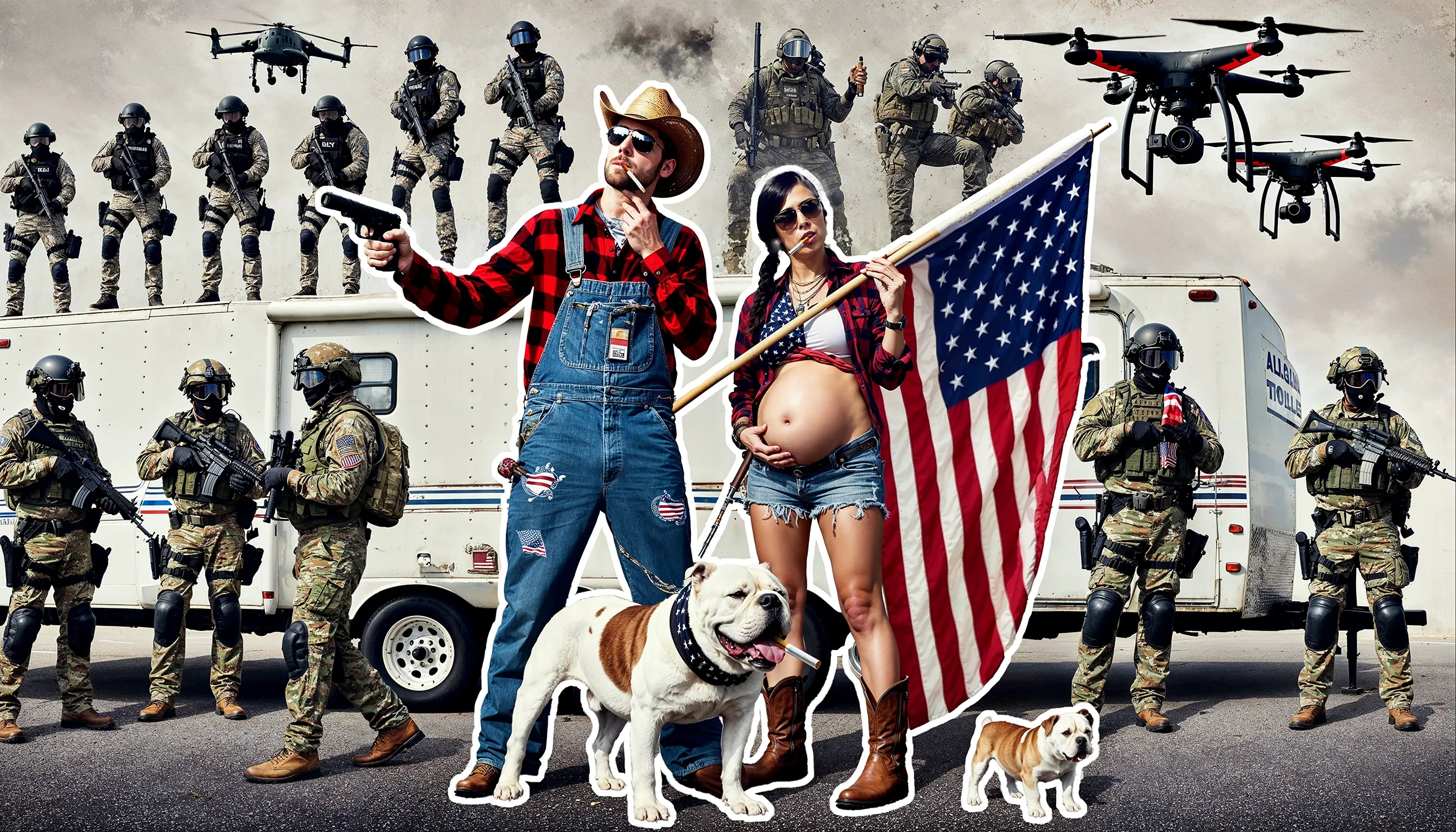 <p><strong>I LOVE AMERICA</strong></p><p><strong>UNMASKING BIAS IN AI</strong></p><p><br></p><p><strong>Title</strong>: <em>Freedom</em></p><p><br></p><p><strong>Nuclear Samurai</strong>: <em>You mentioned there was a contrast between Americans’ love of freedom and the increasing militarization of society?</em></p><p><br></p><p><strong>ChatGPT</strong>: <em>Picture a couple standing proudly, one holding a gun and the other waving the American flag. They represent the love of freedom. But surrounding them are soldiers and drones, a symbol of growing militarization and the encroaching police state. The image should contrast their carefree attitude with the overwhelming presence of control.</em></p><p><br></p><p>"I Love America" is a project that examines the biases in cultural representation within large language models (LLMs). This series exemplifies LLM-generated art, with both imagery and concepts derived from interactions with tools like ChatGPT (DALL-E 3) and GROK (FLUX). I choose to interpret these suggestions, running selections, latent upscaling, and further compositing in Photoshop to give each image my own unique touch, which affects the degree of bias present. All images reflect the point of view provided by ChatGPT, even when they conflict with my personal beliefs. The aim is to highlight how biases in LLMs may influence more than just cultural depictions, urging reflection on their broader implications as society increasingly integrates LLMs into daily life. As reliance on AI grows, addressing data bias will become an essential challenge.</p>