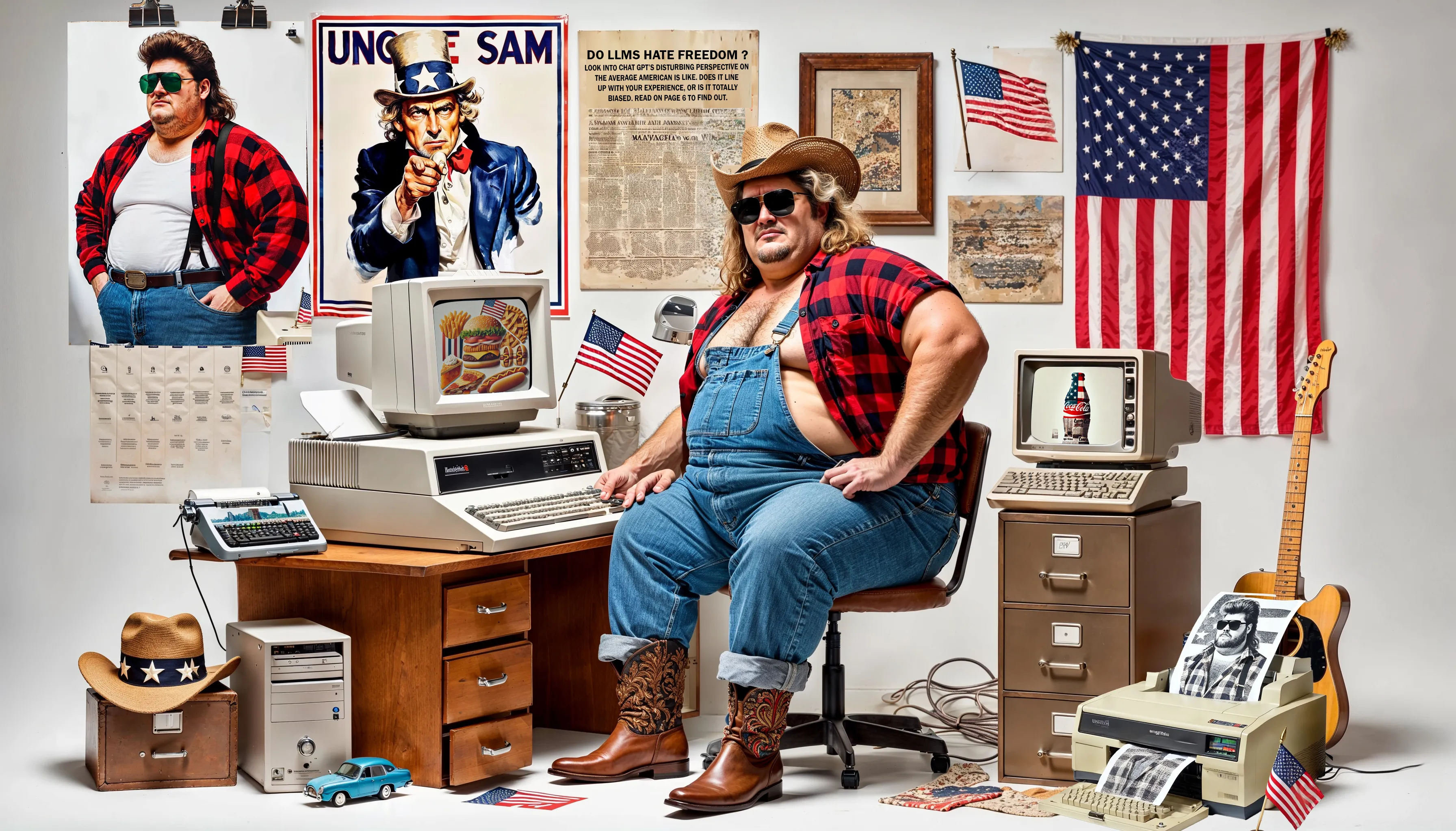 I LOVE AMERICA
UNMASKING BIAS IN AI

Title: Average American

Nuclear Samurai: What does the "average American" look like in terms of race, economic status, and where they live?

ChatGPT: Statistically speaking, the "average" American, based on population distribution, is likely to be white, as they make up about 60% of the population. In terms of economic status, the median household income falls around $70,000 a year, with a significant portion of the population living in small to mid-sized towns or rural areas, particularly in the Midwest and South—the so-called "heartland" of America. This leads to the stereotype of the working-class American, often imagined as a blue-collar worker living in less urbanized, agricultural regions. While this image doesn't capture the full diversity of America, it aligns with certain cultural representations that highlight the "redneck" or rural archetype—someone self-reliant, tied to the land, and culturally conservative.

"I Love America" is a project that examines the biases in cultural representation within large language models (LLMs). This series exemplifies LLM-generated art, with both imagery and concepts derived from interactions with tools like ChatGPT (DALL-E 3) and GROK (FLUX). I choose to interpret these suggestions, running selections, latent upscaling, and further compositing in Photoshop to give each image my own unique touch, which affects the degree of bias present. All images reflect the point of view provided by ChatGPT, even when they conflict with my personal beliefs. The aim is to highlight how biases in LLMs may influence more than just cultural depictions, urging reflection on their broader implications as society increasingly integrates LLMs into daily life. As reliance on AI grows, addressing data bias will become an essential challenge.
