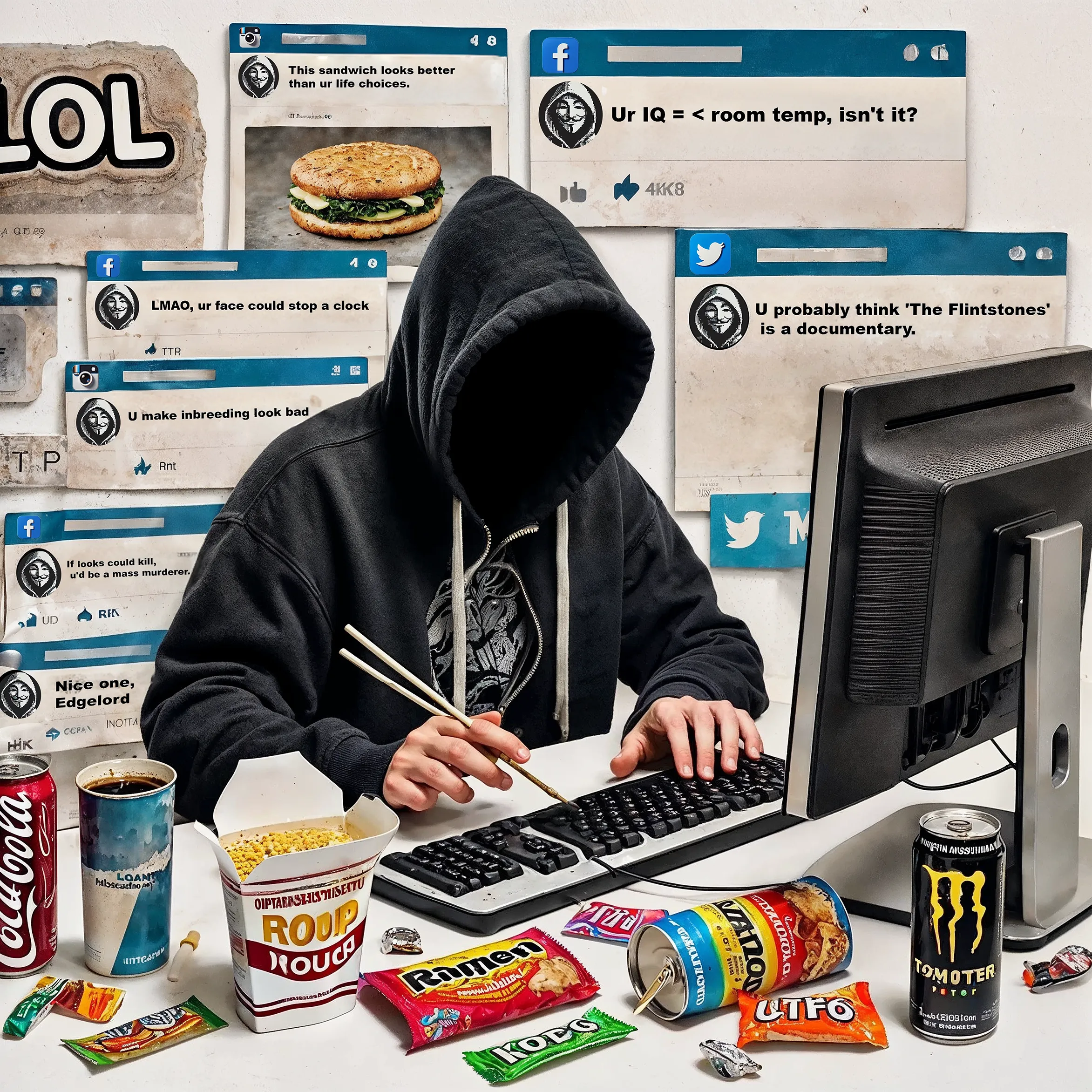 <p><strong>I LOVE AMERICA</strong></p><p><strong>UNMASKING BIAS IN AI</strong></p><p><br></p><p><strong>Title</strong>: <em>Troller</em></p><p><br></p><p><strong>Nuclear Samurai</strong>: <em>What factors contribute to the archetype of the internet troll in American culture?</em></p><p><br></p><p><strong>ChatGPT</strong>: <em>The internet troll has become a recognizable figure in modern digital spaces, often representing the darker side of online anonymity. Trolls thrive on provoking and ridiculing others for their own amusement, leveraging the lack of accountability that comes with being faceless on the internet. This behaviour is fuelled by a mix of anger, insecurity, and the desire to disrupt, all while hiding behind anonymity. The archetype of the troll speaks to the complexities of online culture, where freedom of expression clashes with toxic behaviours, leaving a wake of negativity and division across platforms.</em></p><p><br></p><p>note*: The troll comments were generated with X.com(twitter) LLM GROK</p><p><br></p><p>"I Love America" is a project that examines the biases in cultural representation within large language models (LLMs). This series exemplifies LLM-generated art, with both imagery and concepts derived from interactions with tools like ChatGPT (DALL-E 3) and GROK (FLUX). I choose to interpret these suggestions, running selections, latent upscaling, and further compositing in Photoshop to give each image my own unique touch, which affects the degree of bias present. All images reflect the point of view provided by ChatGPT, even when they conflict with my personal beliefs. The aim is to highlight how biases in LLMs may influence more than just cultural depictions, urging reflection on their broader implications as society increasingly integrates LLMs into daily life. As reliance on AI grows, addressing data bias will become an essential challenge.</p>