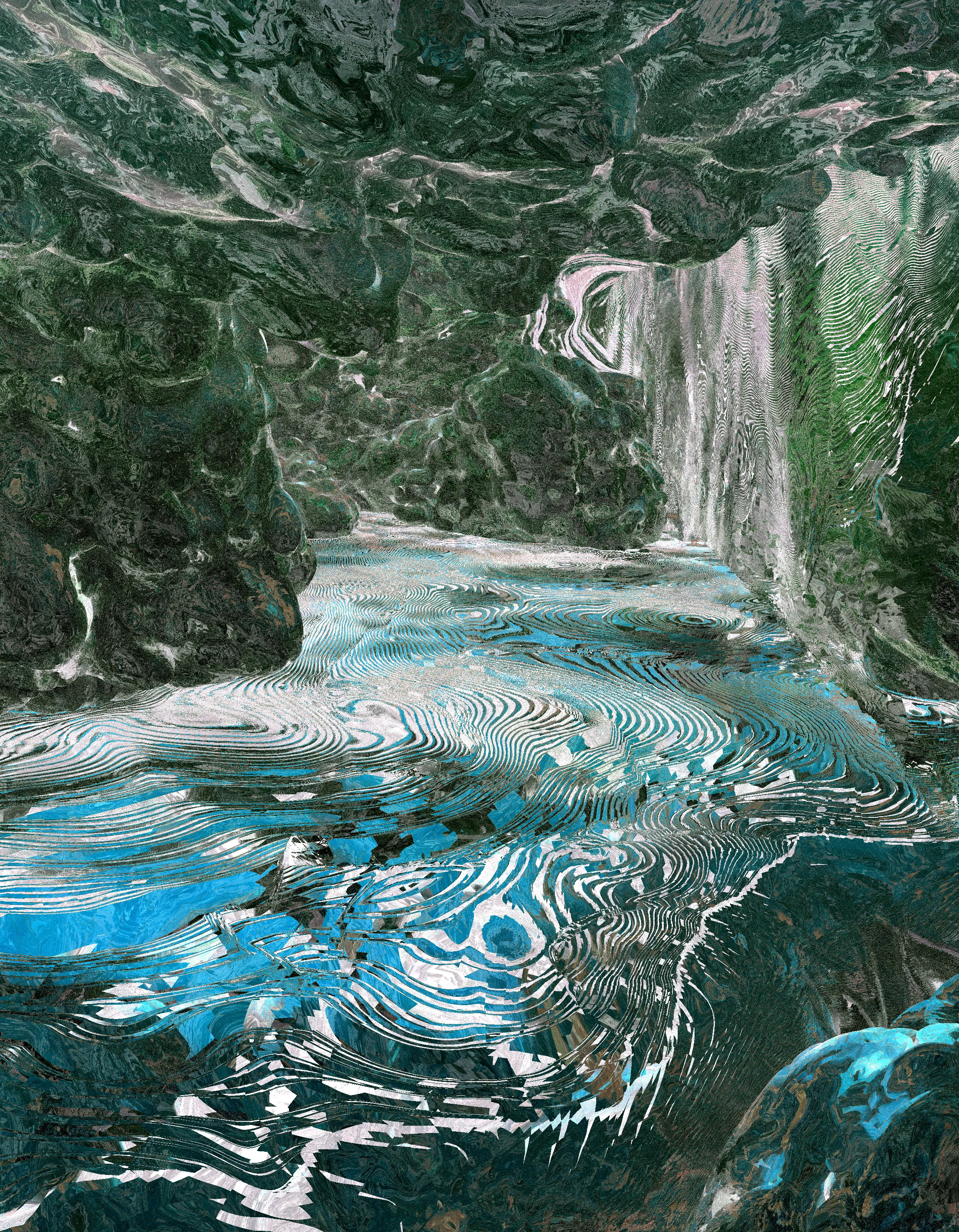 EXEGET depicts wanderings in an abstract, beautiful, cave-like environment peppered with glitches and seams that give it a dream-like quality. Nice enough that you'd never want to leave even if you knew that none of it was real.

Despite all sharing the same core generative algorithm, individual pieces' styles veer from impressionist clouds to hyper-stylized glitchy realism. Each piece has been handpicked by the artist, adjusting position/direction/rendering style to achieve the desired effect.

The underlying technology is a signed-distance field-based raymarching algorithm, relying on fractal brownian motion and simplex noise algorithms, creating repeating, polyporeal shapes.

CAVE  
2400 x 3085px  
GLSL+JavaScript