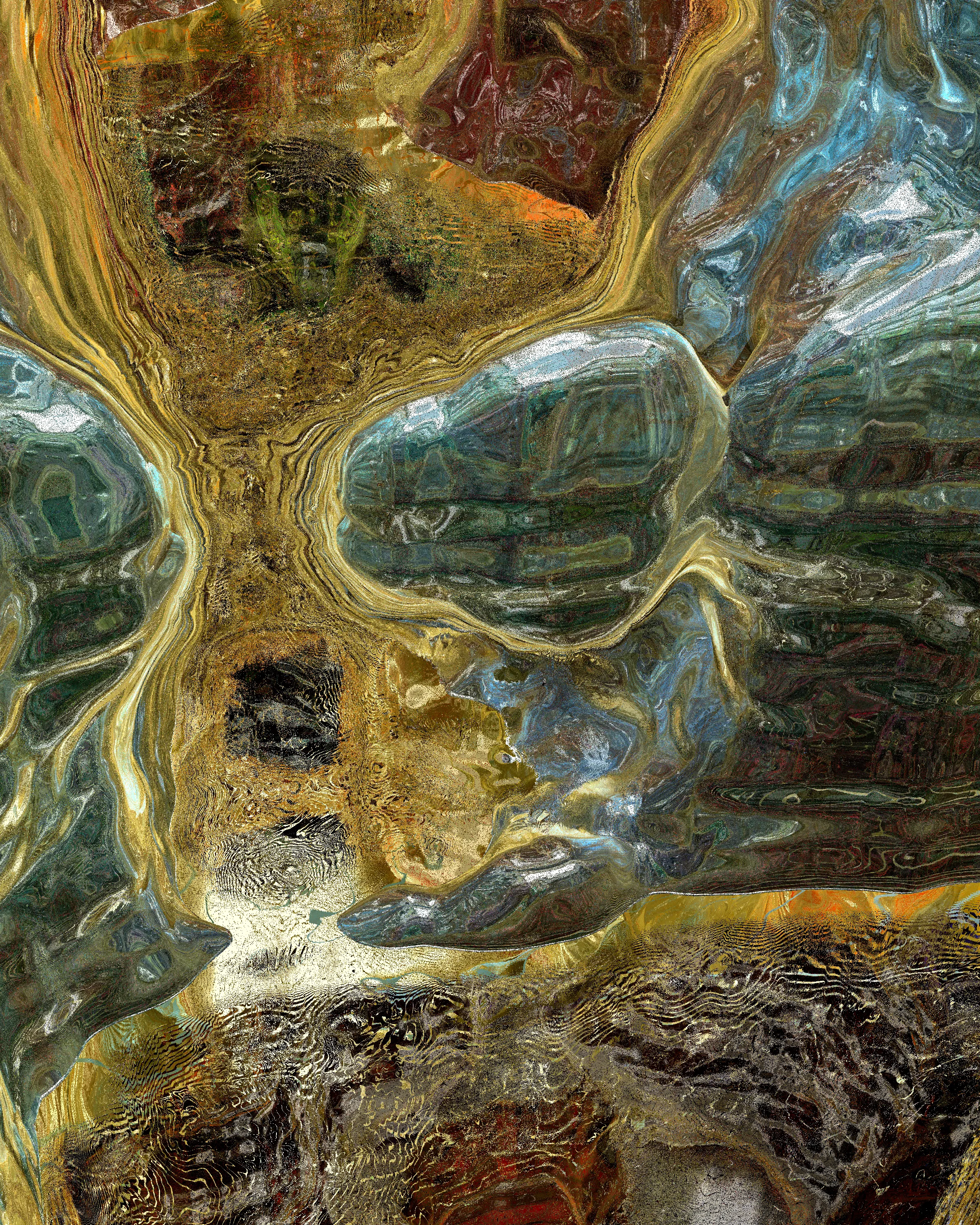 EXEGET depicts wanderings in an abstract, beautiful, cave-like environment peppered with glitches and seams that give it a dream-like quality. Nice enough that you'd never want to leave even if you knew that none of it was real.

Despite all sharing the same core generative algorithm, individual pieces' styles veer from impressionist clouds to hyper-stylized glitchy realism. Each piece has been handpicked by the artist, adjusting position/direction/rendering style to achieve the desired effect.

The underlying technology is a signed-distance field-based raymarching algorithm, relying on fractal brownian motion and simplex noise algorithms, creating repeating, polyporeal shapes.

THE WORLD A HALL OF MIRRORS  
2400 x 3000px  
GLSL+JavaScript