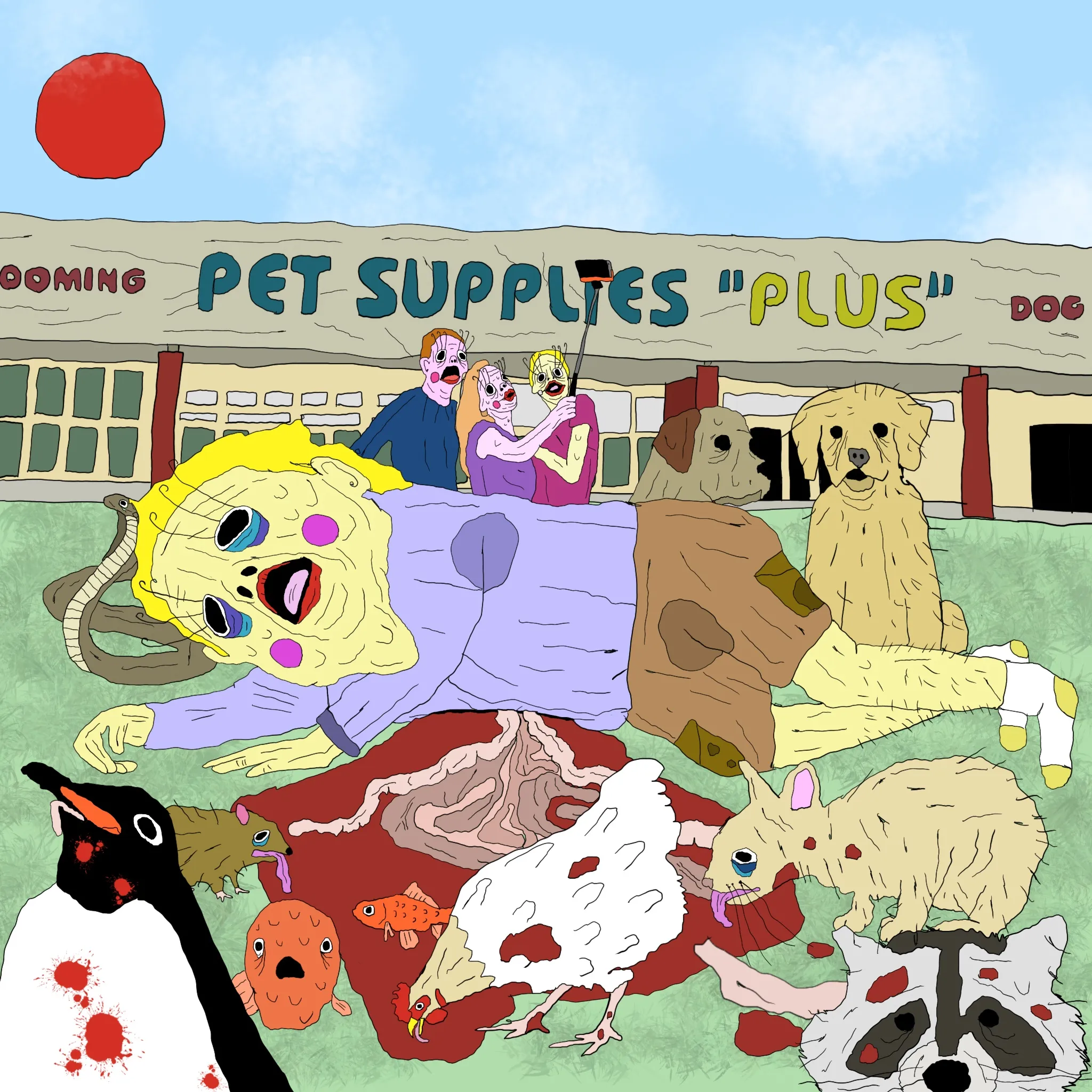 go to a pet supplies plus. in your insufferable hometown. pass the shit covered floors. and the pie eyed employees. who reek like formaldehyde and indigestion. look into the hastily built cages. the Vaseline streaked aquariums. decide on which dying animal best represents you. distill your personality into a pair of sagging eyes. or a toothless mouth. or silly birthday hat. made for a creature that will never celebrate anything.

retreat outside with your haul. to your arc. a 2003 Chevy Malibu. collapse under the weight of the sun and let your guts spill into the poorly manicured lawn. let your animals feast. let them thrive. let them experience freedom for the first time. in your guts. die happily. watching a chicken wearing three dimensional sunglasses fade into the sunset with your liver.  