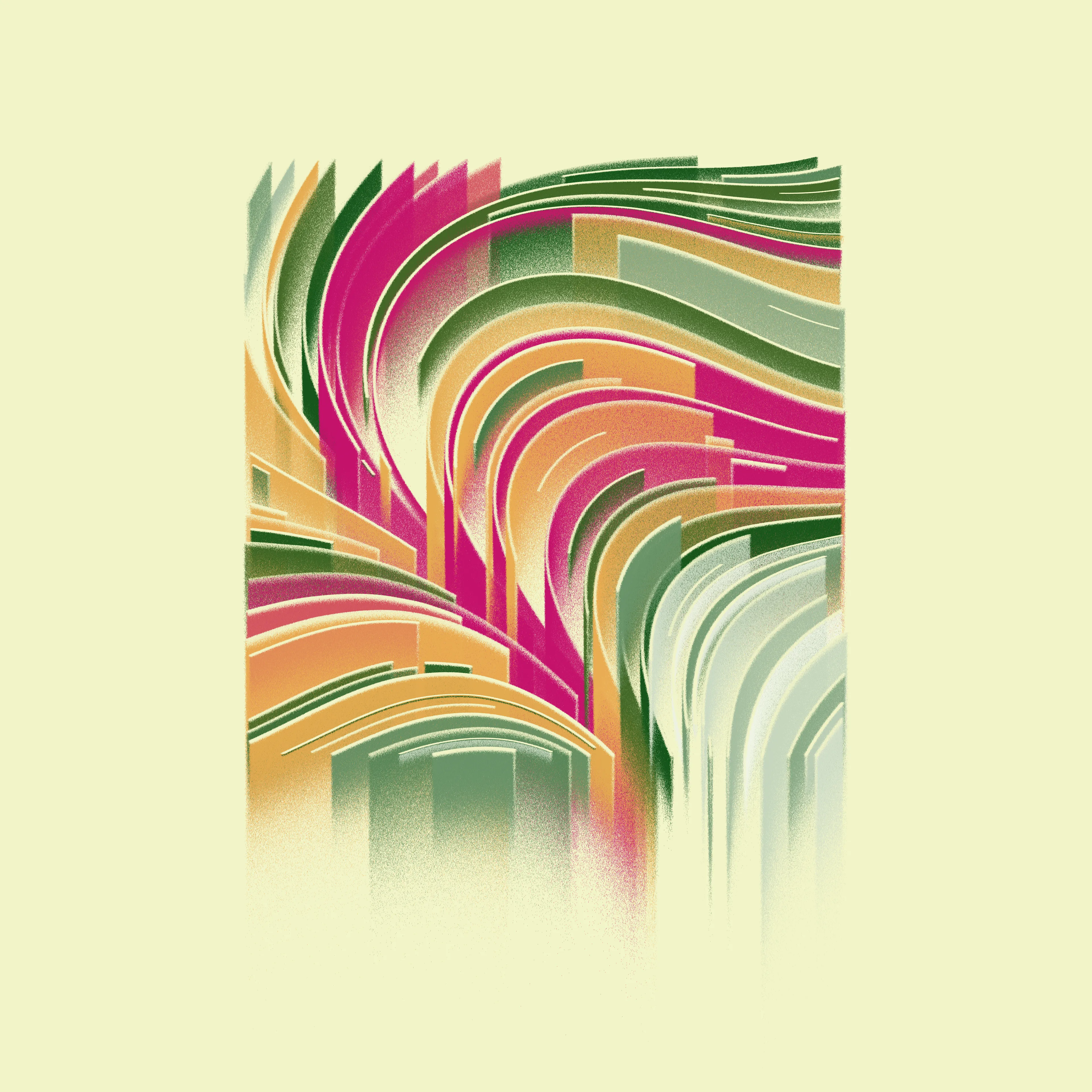 The Sorbet series depicts a smooth, colored flow field. Each line is drawn as several thousand tiny vertical lines and colored in a smooth multicolor gradient. The distribution of these tiny lines builds a three-dimensional feeling to these pieces, despite being rendered completely in two dimensions.

Size: 7200x7200 px
Edition Info: #4 of 4 one-of-a-kind works produced from bendotk's generative algorithm "Sorbet"