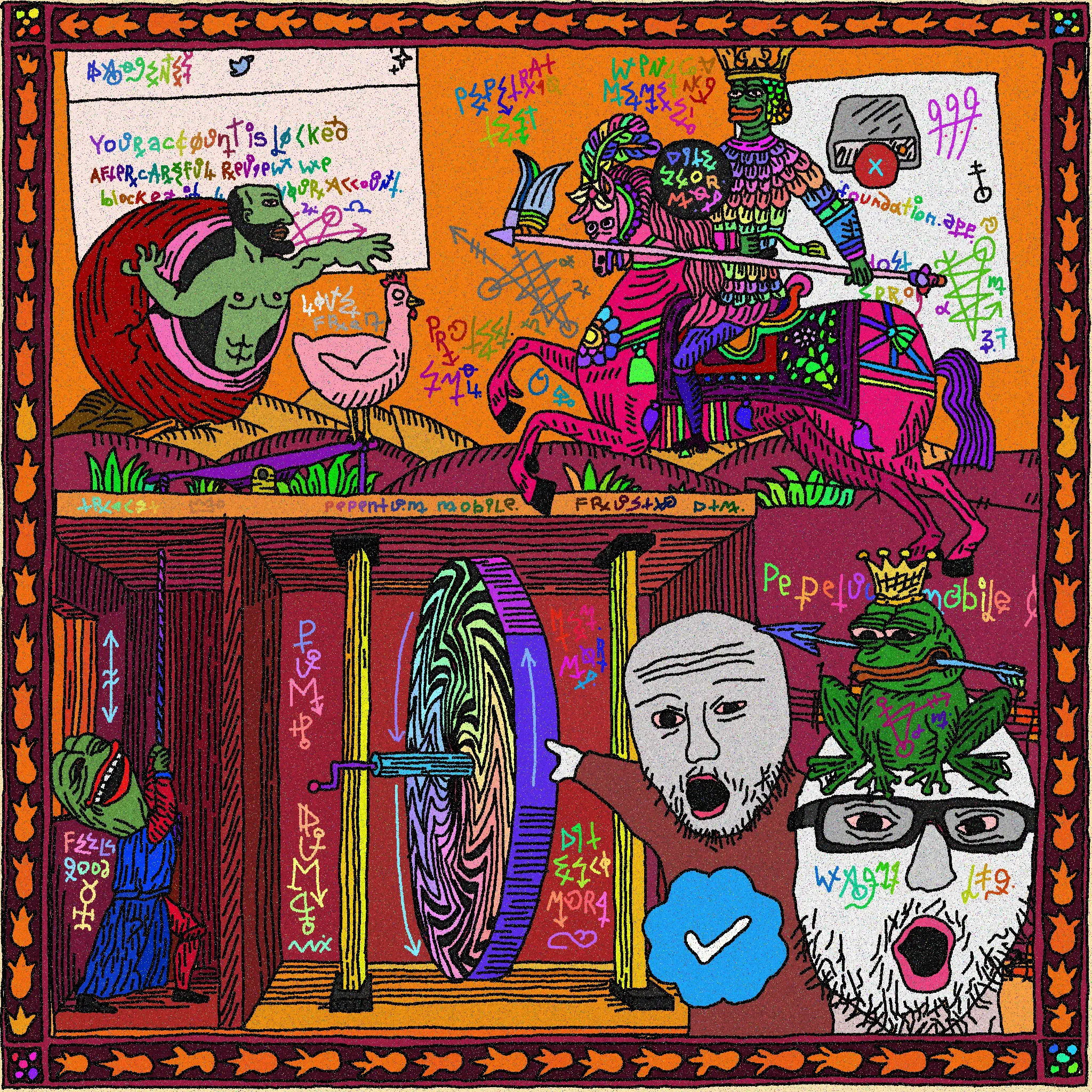 1/1 page of Grimemeire. This week gave us so much. FND Pepetration test and influencers salty battles, all swirl in motion of pepetuum mobile wheel of dance. Salute frens, love fam & memes and value simple pleasures as banished Daogenes. 
Forever left certain royalties to the home in Pepetuum.