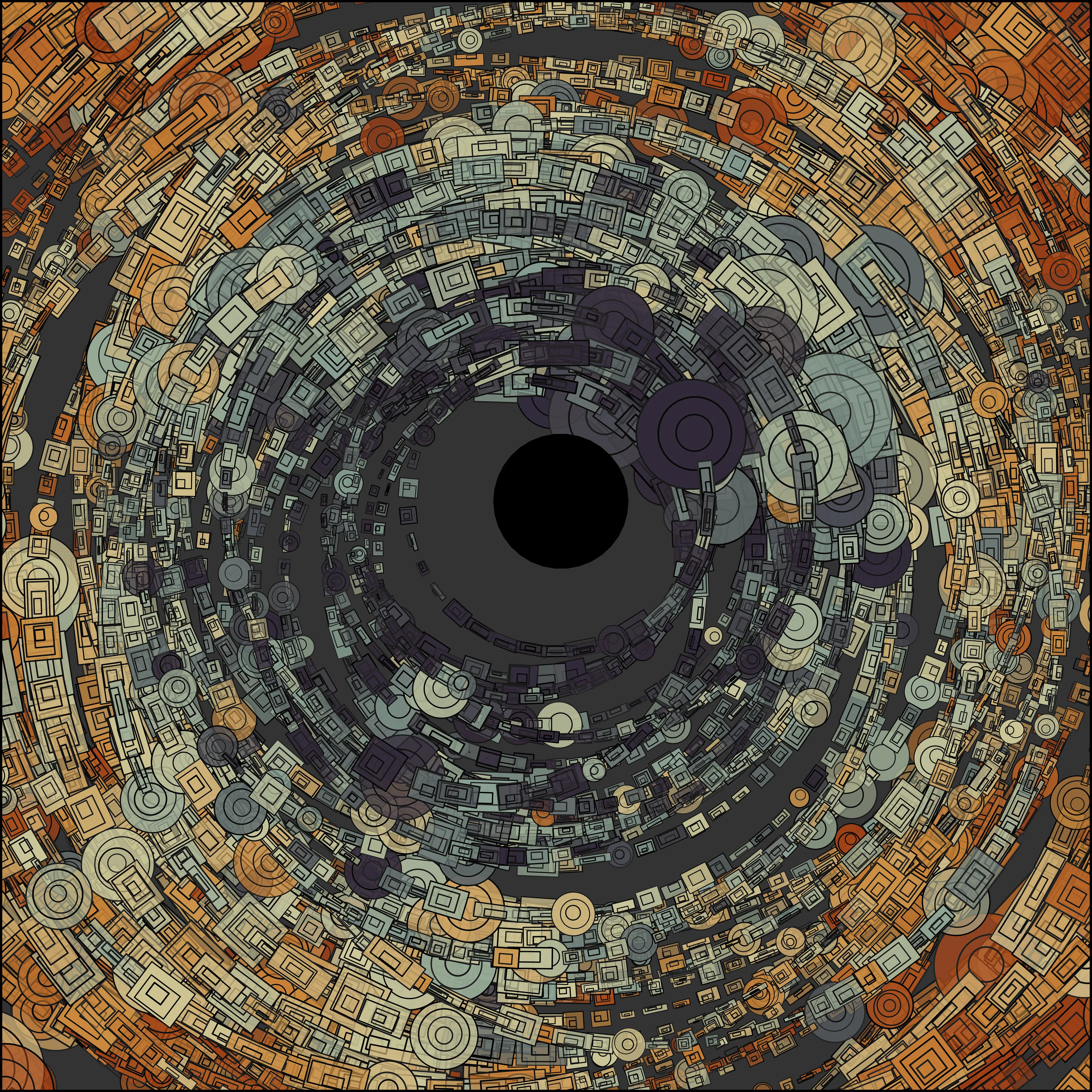 Fleeting Thoughts 2 (R code, 9/22/2021). This is generative artwork with three iterations (numbers 1,2,3). The code drew a series of 55 orbits from widest to narrowest with random jitter added to the center of each one. The approximately sixty segments in each orbit were randomly transformed into circles or rectangles with varied proportions. An unseen, smoothed warp field was used to rescale all of the shapes. Colors were selected from a jittered and variable gradient, based on distance from the center. Finally, a black disc was added to the center of the smallest orbit. The image dimensions are 20x20 inches and 300 DPI, which produced a file size below the limit, which provides a higher resolution (more detail) than the original version shown online.