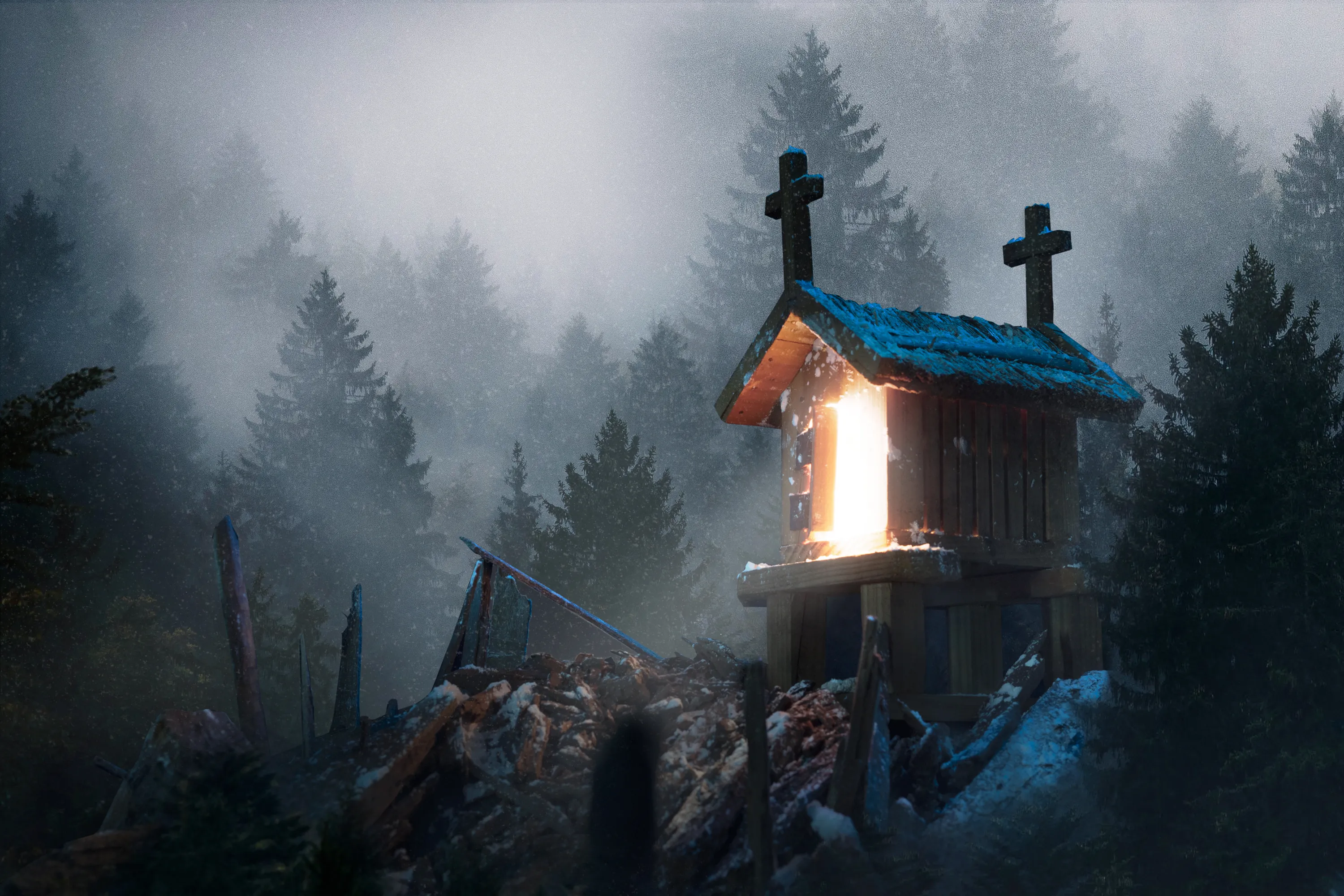 When the night comes there is no hiding from the dark. Light is but temporary shelter in the nowhere.

From a tiny exquisite house I built the scenery surrounding it with cardboard, dirt, wood sticks and flour. I used different lighting to photograph the scenery and digitally crafted it in Adobe Photoshop

All behind the scenes: https://youtu.be/WUCjmxLL0pY

Edition 1/1