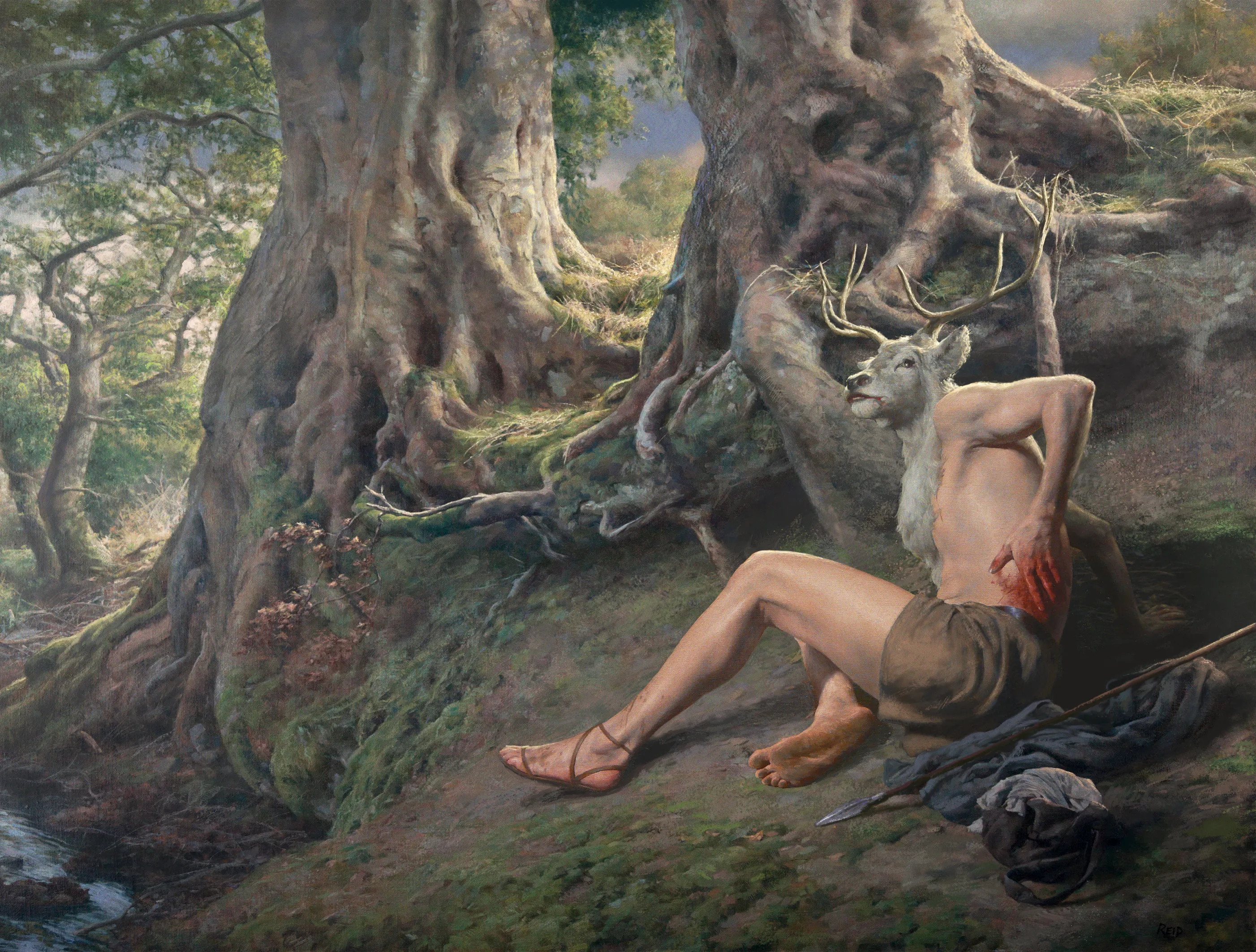 Actaeon was a hunter in ancient Greece who, whilst out hunting with his hounds, stumbled upon the chaste Goddess Artemis bathing in a grove with her nymphs. As punishment for this unfortunate transgression he was transformed into a stag and then hunted and killed by his own dogs. 
This piece was one of my first digital paintings and was created in mixed media of Oils and Photoshop. 