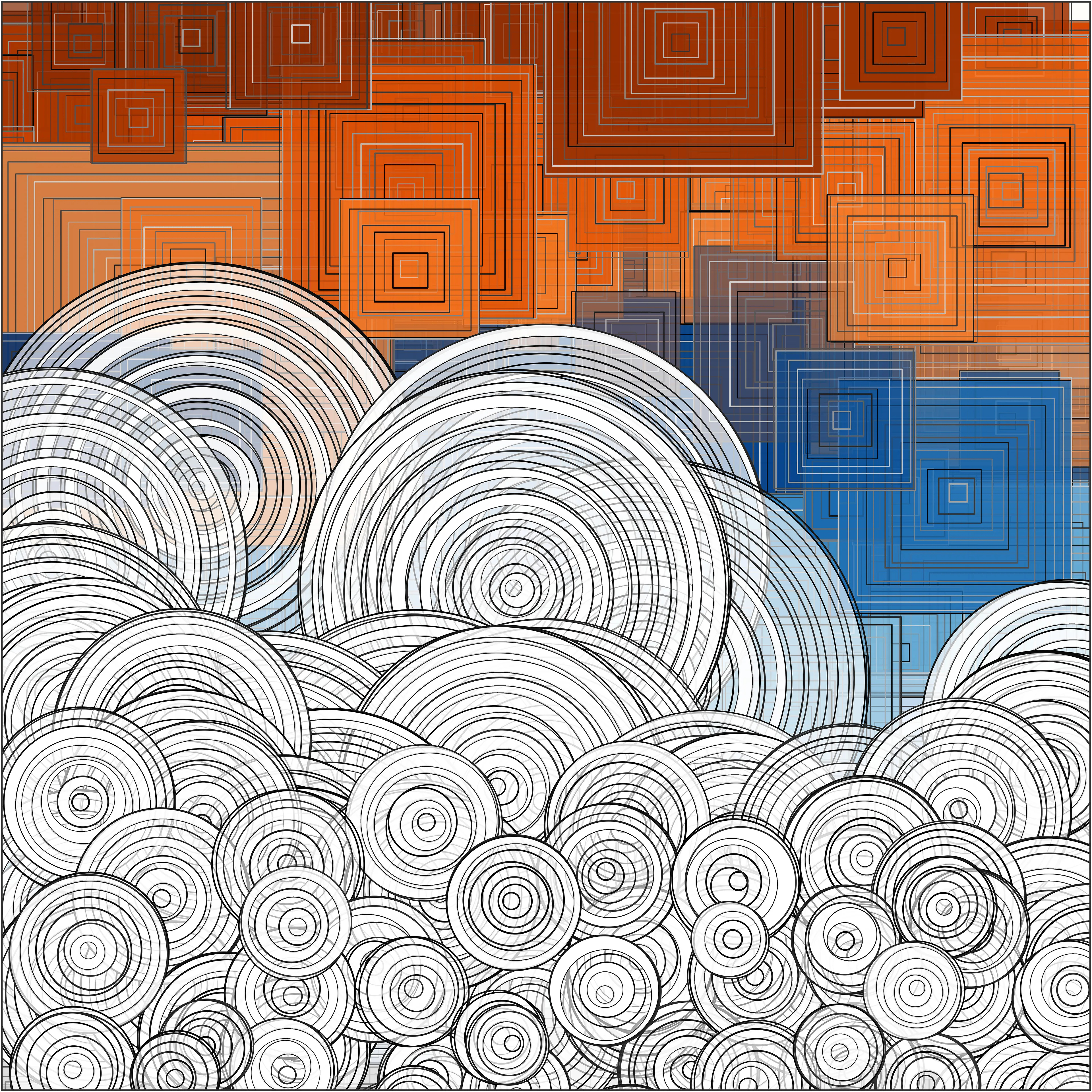 Ex-Gaussian 2 (R code, 8/17/2021). This generative artwork is part of a three-part iteration series (numbered 1,2,3). The title of this refers to the ex-Gaussian distribution, which governed the sizes of colored squares in the background, and partially transparent white circles in the foreground. Tile gradient fill colors were height-dependent, followed by overlain square outlines in varied shades of gray and random line widths. Each circle was shifted upward based on radius size, which sank the smaller circles to the bottom and raised the larger circles. A similar scheme to the tiles was used to create concentric, jittered circles within each. Partly transparent white bands were drawn using polygons defined by pairs of concentric circles. The image dimensions are 20x20 inches and 300 DPI, which produced a file size below the limit, which provides a higher resolution (more detail) than the original version shown online.