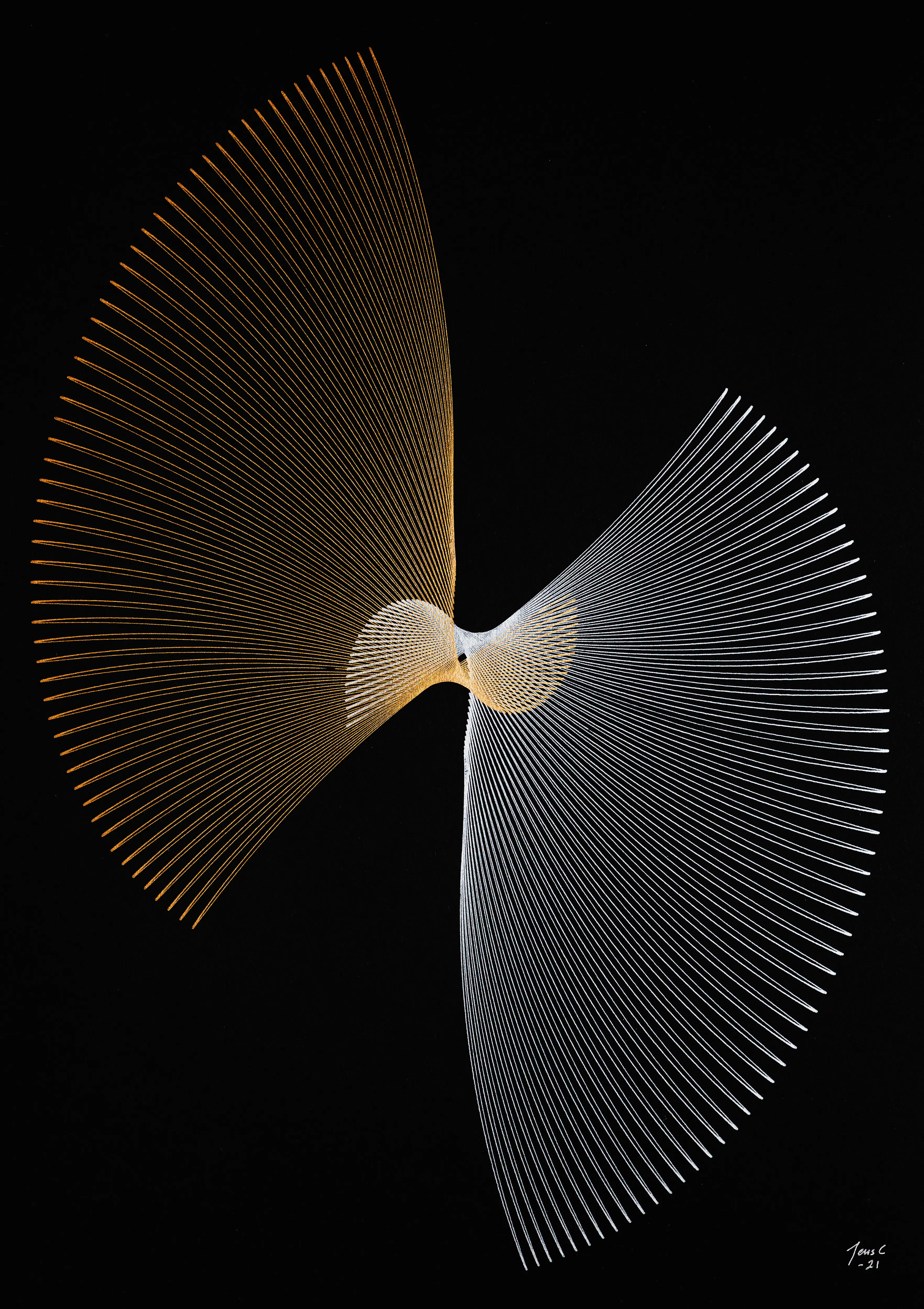 Edition 1 of 1

3529 x 5000px, JPG
Photographed using a NIKON D850 with a TAMRON SP 24-70mm F2.8 lens.
The physical artwork is 420 x 594 mm (16.5 x 23.3 in), gold and silver ink on 270 gsm black paper.

This artwork was created using a custom hand built drawing machine. I create each piece by carefully adjusting the speed of three motors and other settings. Each piece is unique. The gold and silver ink on the physical piece gives off a shimmering effect when illuminated.

The physical artwork will be sent to the first buyer of the NFT.
