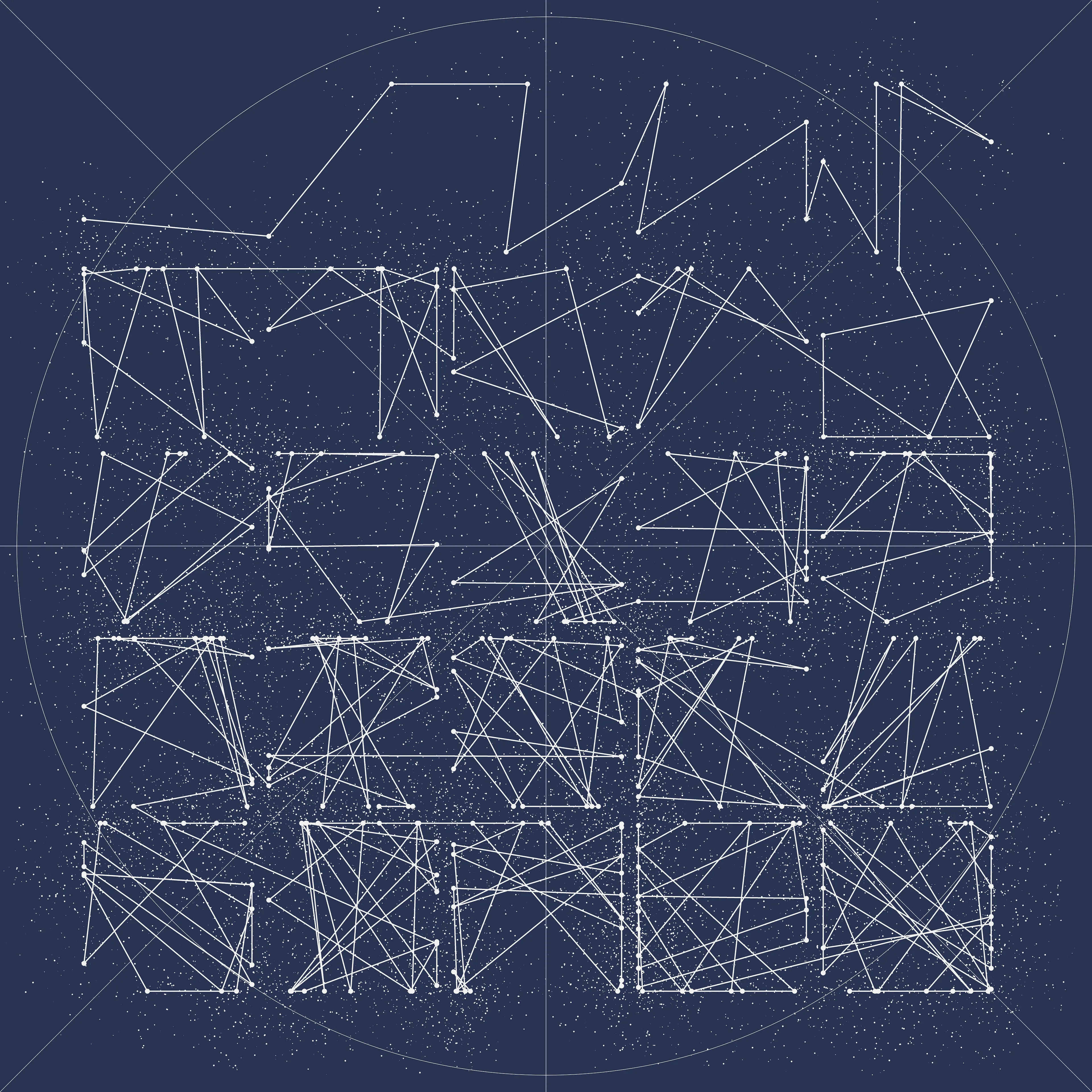 Follow a path along the stars and discover the boundaries of the universe. Inspired by constellation maps and early generative/computer art and artists.

10400 × 10400 PNG
Made in p5js
Created October 2021
Artist: @Yazid