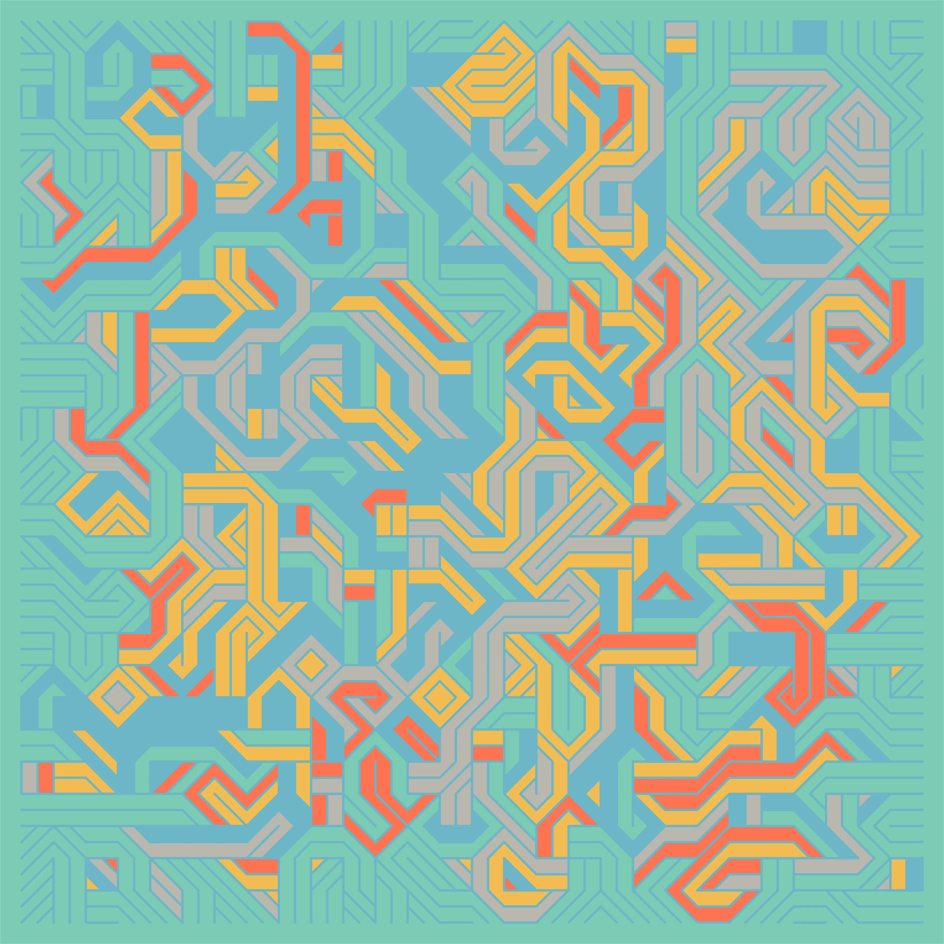 Generative artwork made with code. An intricate ethnic pattern in modern colors.