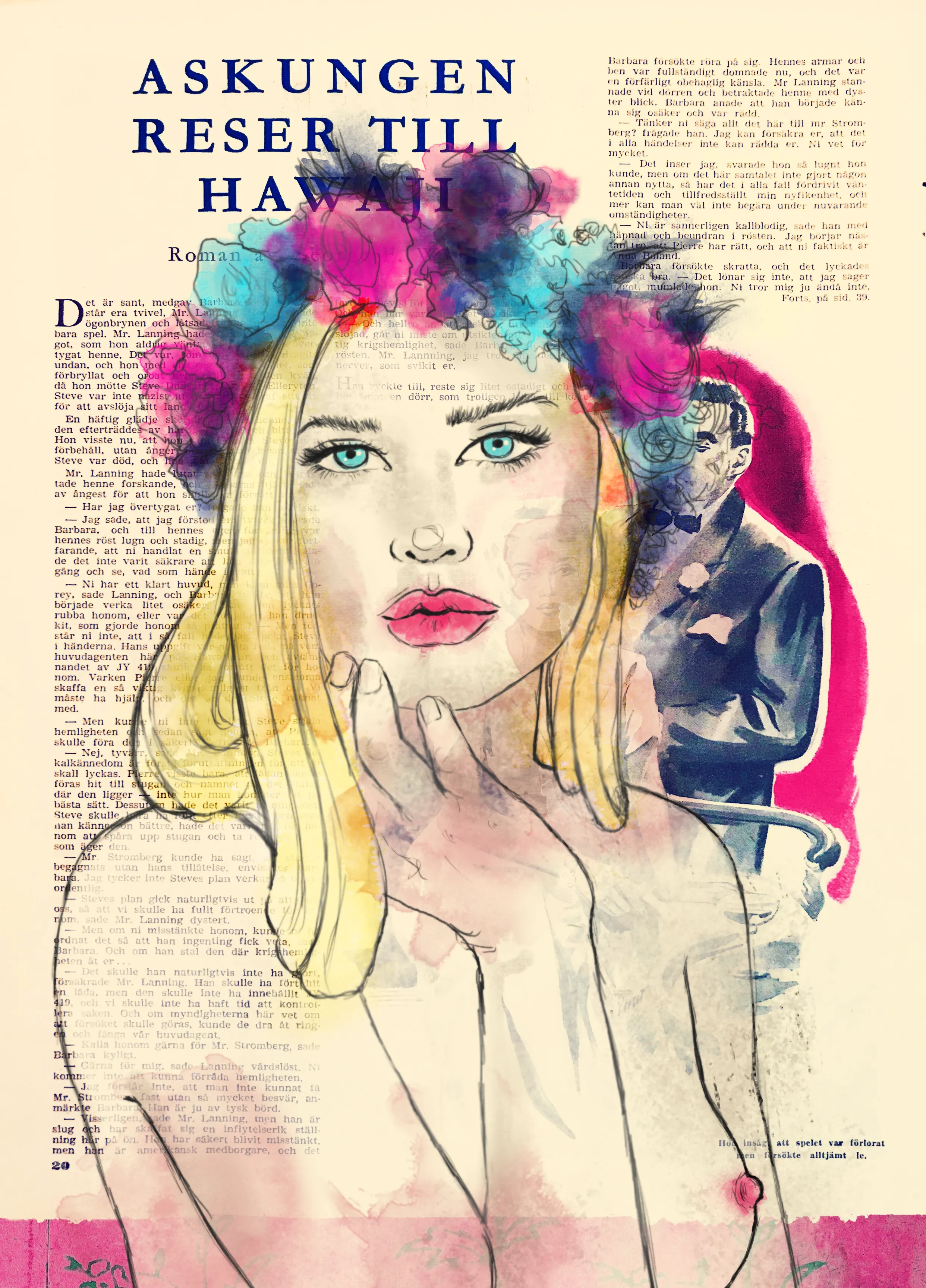 Illustration on a vintage magazine page from 1945 - pencil, ink and watercolor. A mix of traditional and digital. Titel of the page is "Cinderella travels to Hawaii". The coloring of the girl is inspired by the season, summer. It is 1 out of 4 seasonal girls.