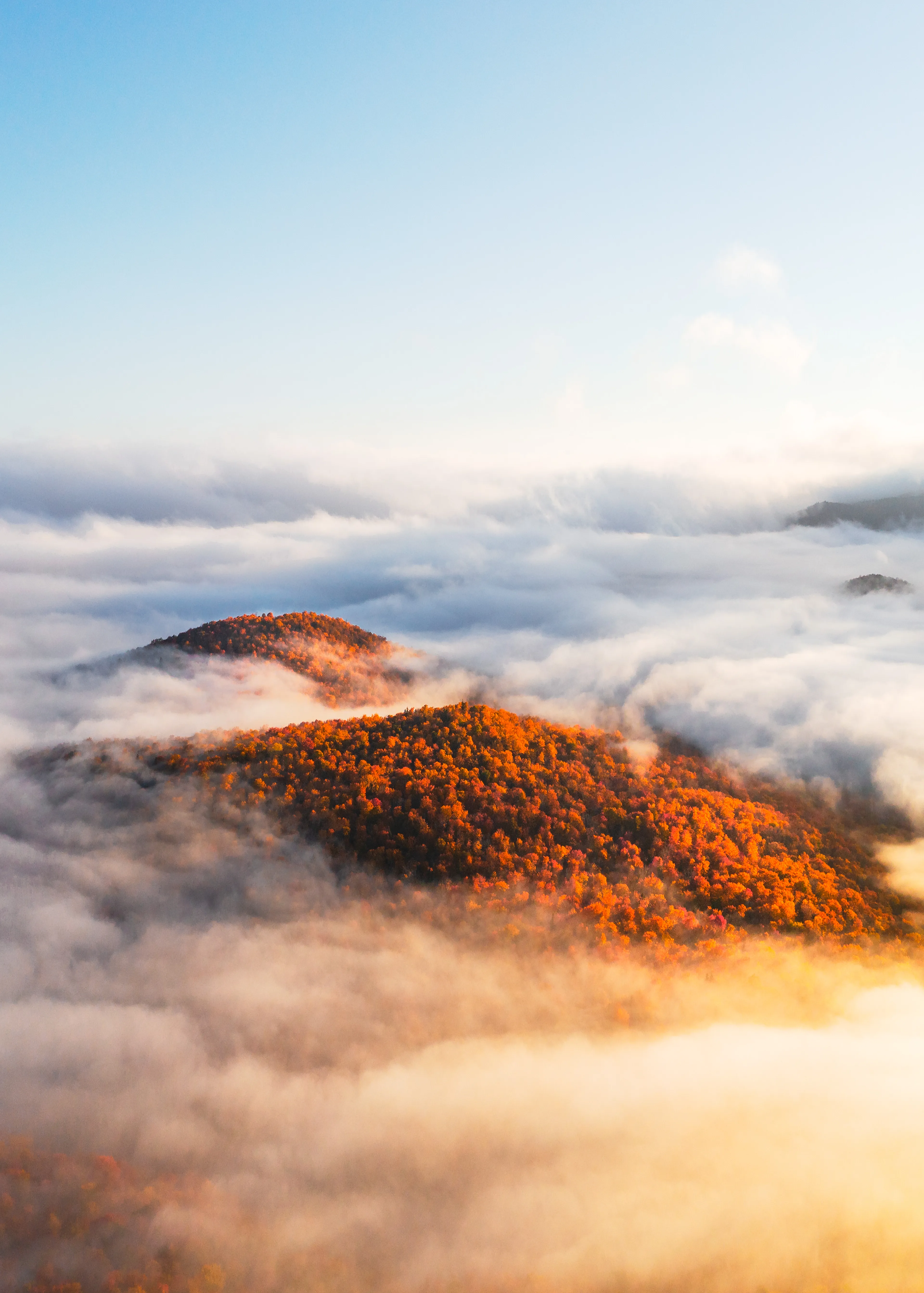 Above the clouds lay islands of gold. Oak and maple trees are set ablaze by the morning light as the sun rises over the nearby mountains.

On foggy mornings like these, there’s nothing I love more than getting the drone up in the air. It allows for a unique bird’s-eye perspective of the landscape below, often giving the clouds an ocean-like appearance. 

The fog gracefully washes over the hills and valleys before being evaporated by the rising sun. Within an hour of taking this photo, there was not a cloud in sight, which goes to show the importance of timing and efficiency for images like these.

While this photo gives off a minimalist appearance at first, the finer details in the tree line combined with the patterns within the cloud formations make this one of my favorite aerial images to this day. 
