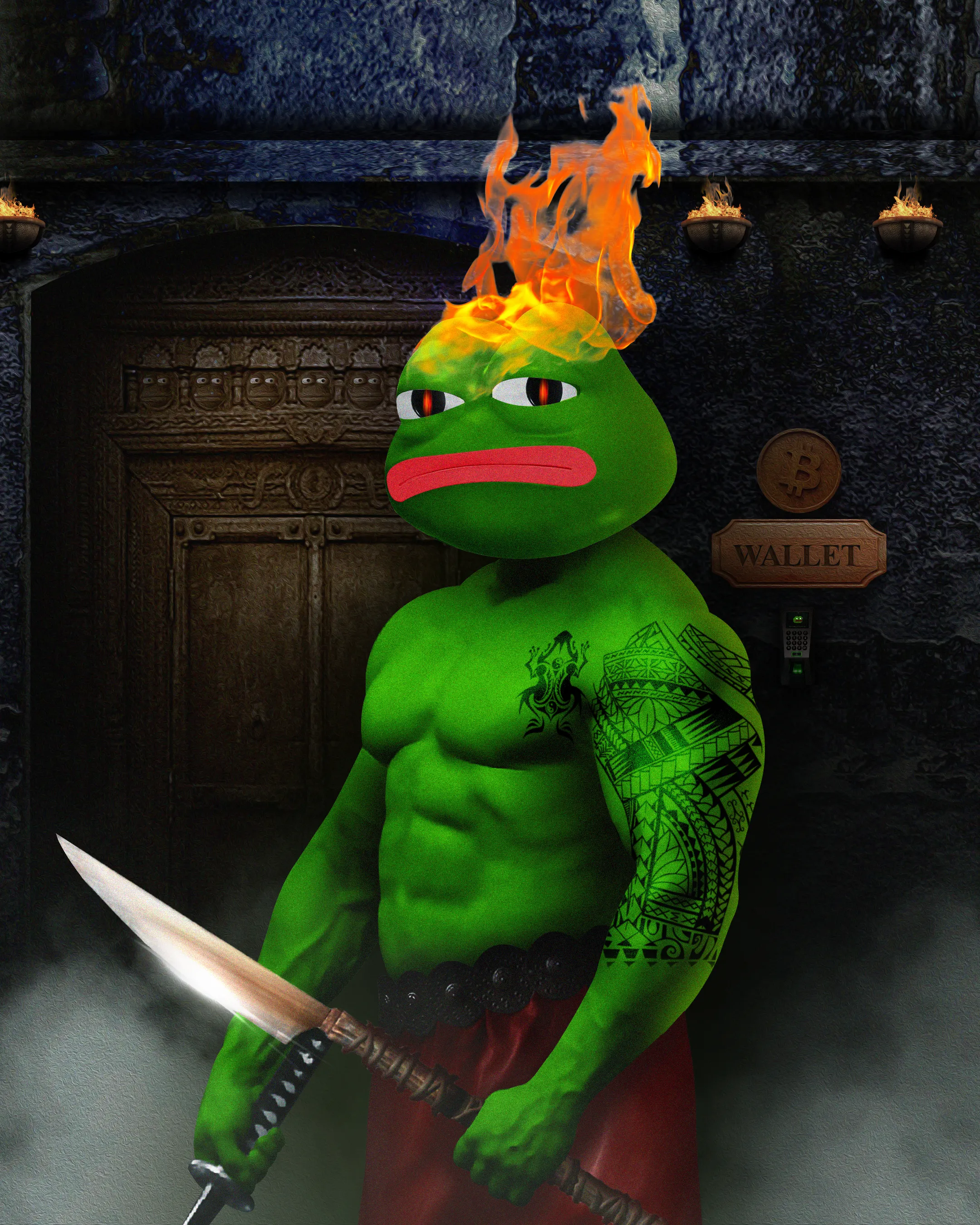 With his powerful fire skills, he makes a terrifying presence for anyone who gets in his way. He holds one of the strongest and most important roles as guardian of the BTC storage in Pepeland! 

The most valuable treasure is guarded by the most powerful weapon.

Dimension: 2160 x 2700

Created using: Adobe Photoshop & Adobe Illustrator