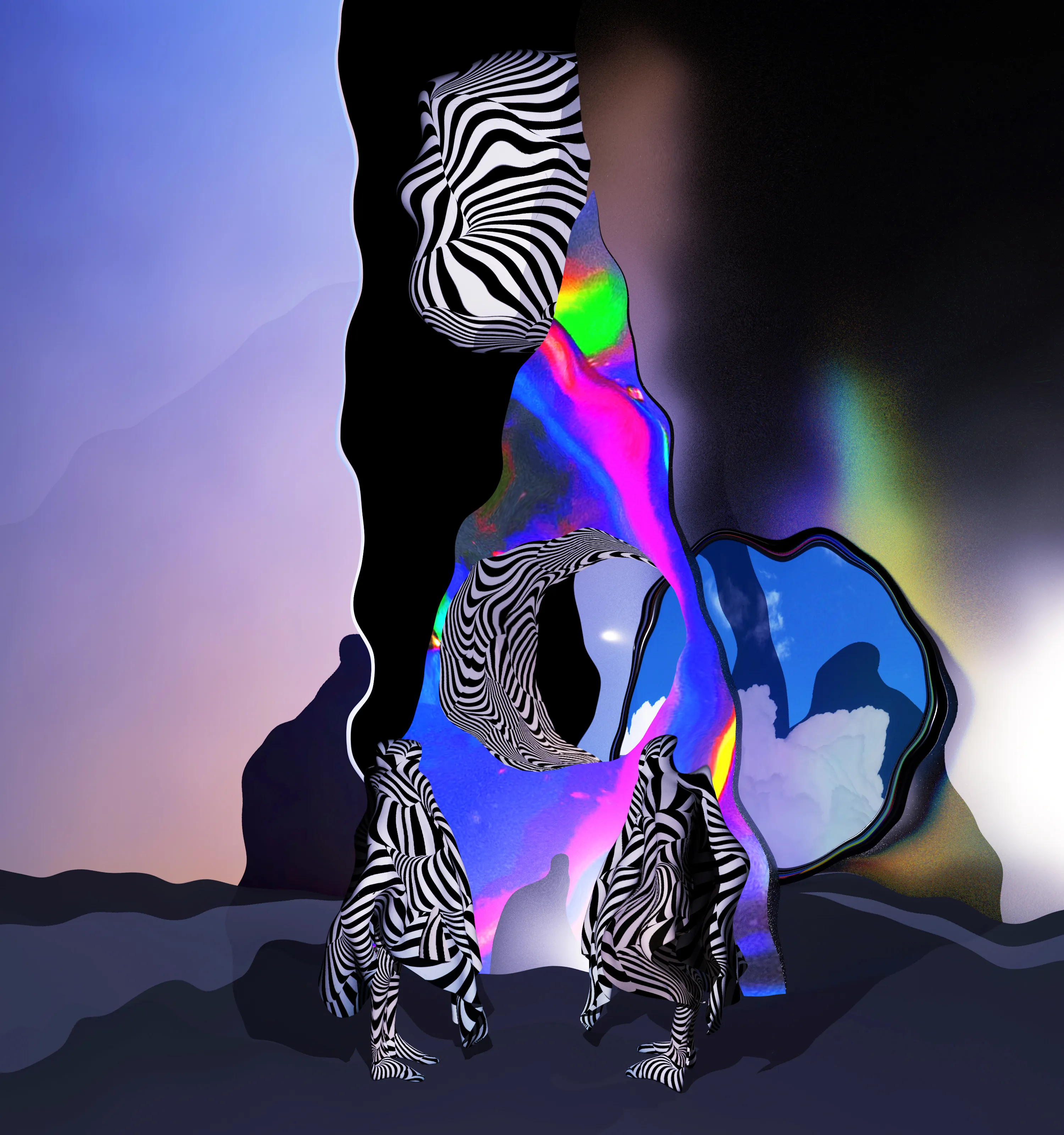 Two strangers meet on a liquid night. Their shadows create colorful illusions.

3D composition with 2D patterns and effects.
Made using Cinema 4D, AfterEffects and photoshop.

3000x3200 pixels