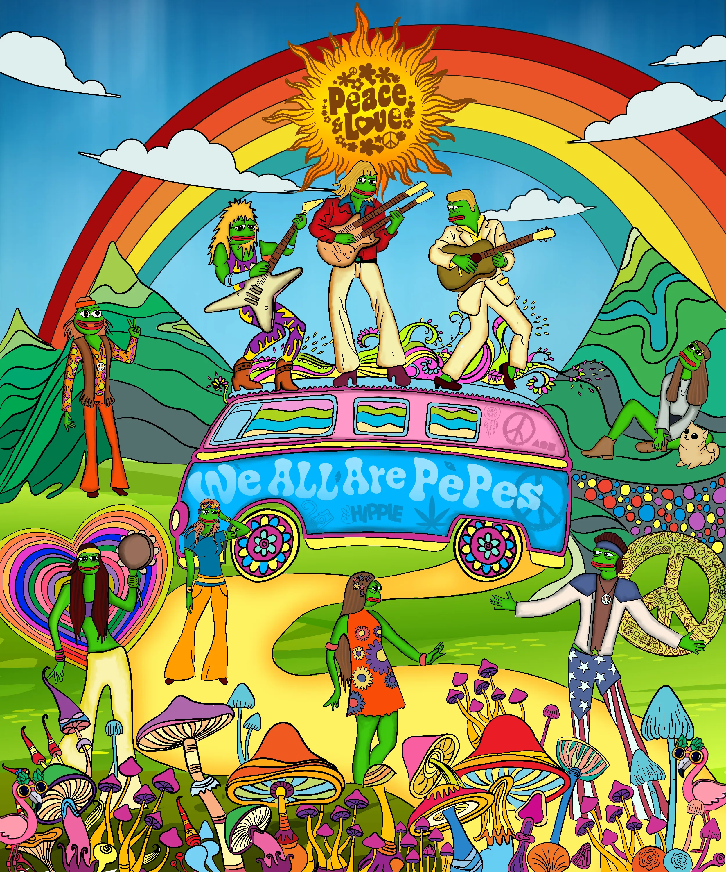 Good Music! Good Vibe!! 

Hippie Pepes spreading the virus of music wandering around the pepeland. 

Dimensions: 2500px x 3000px
