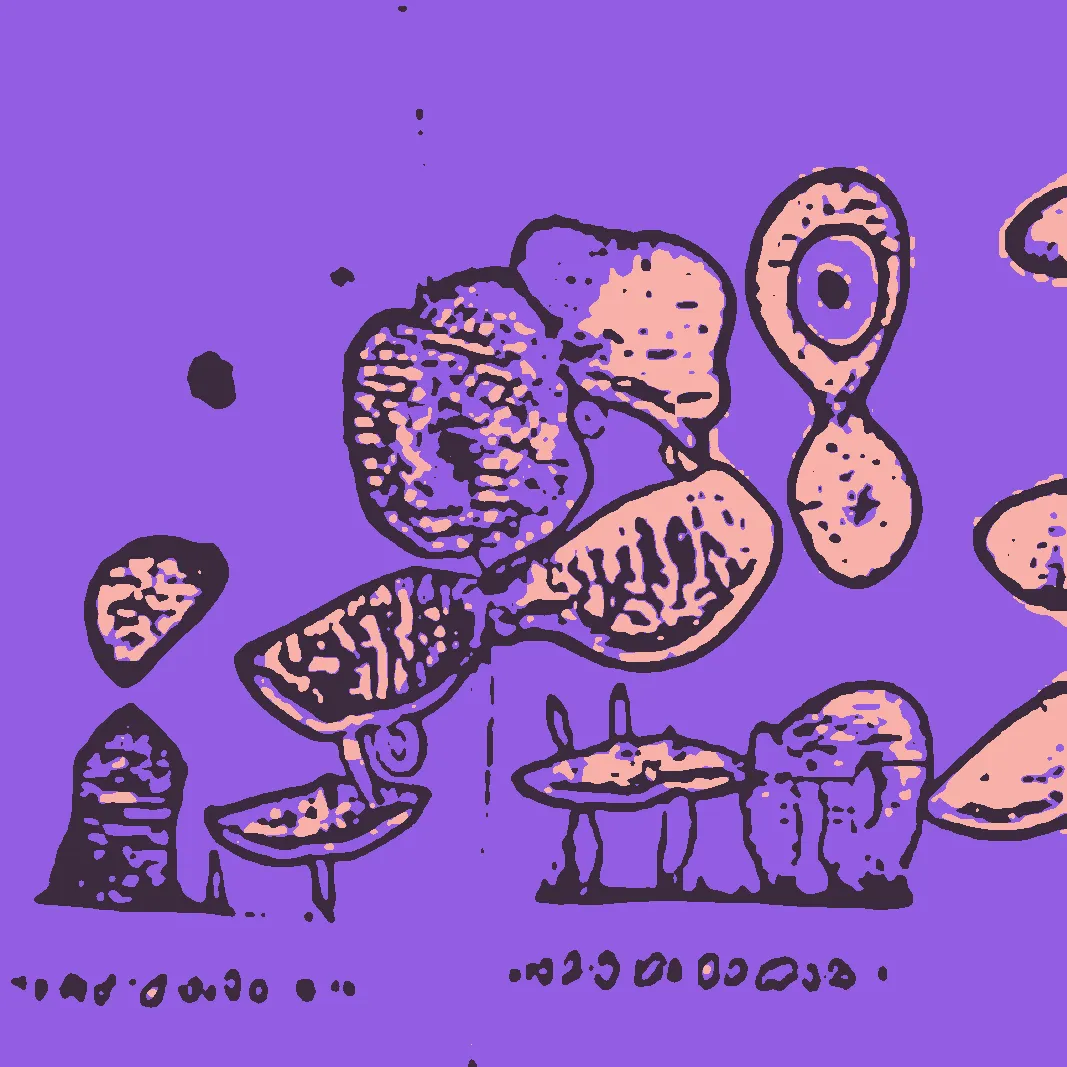 This is part AI, part human analog art, and part human digital art. This piece is generated using a neural generative model (AI) trained on the artist's physical sketchbook. The generation has been re-rendered in a new palette. The physical sketchbook had sketches, doodles, paper cutting, mandalas, zentangles -- often with a brief hand-written description.