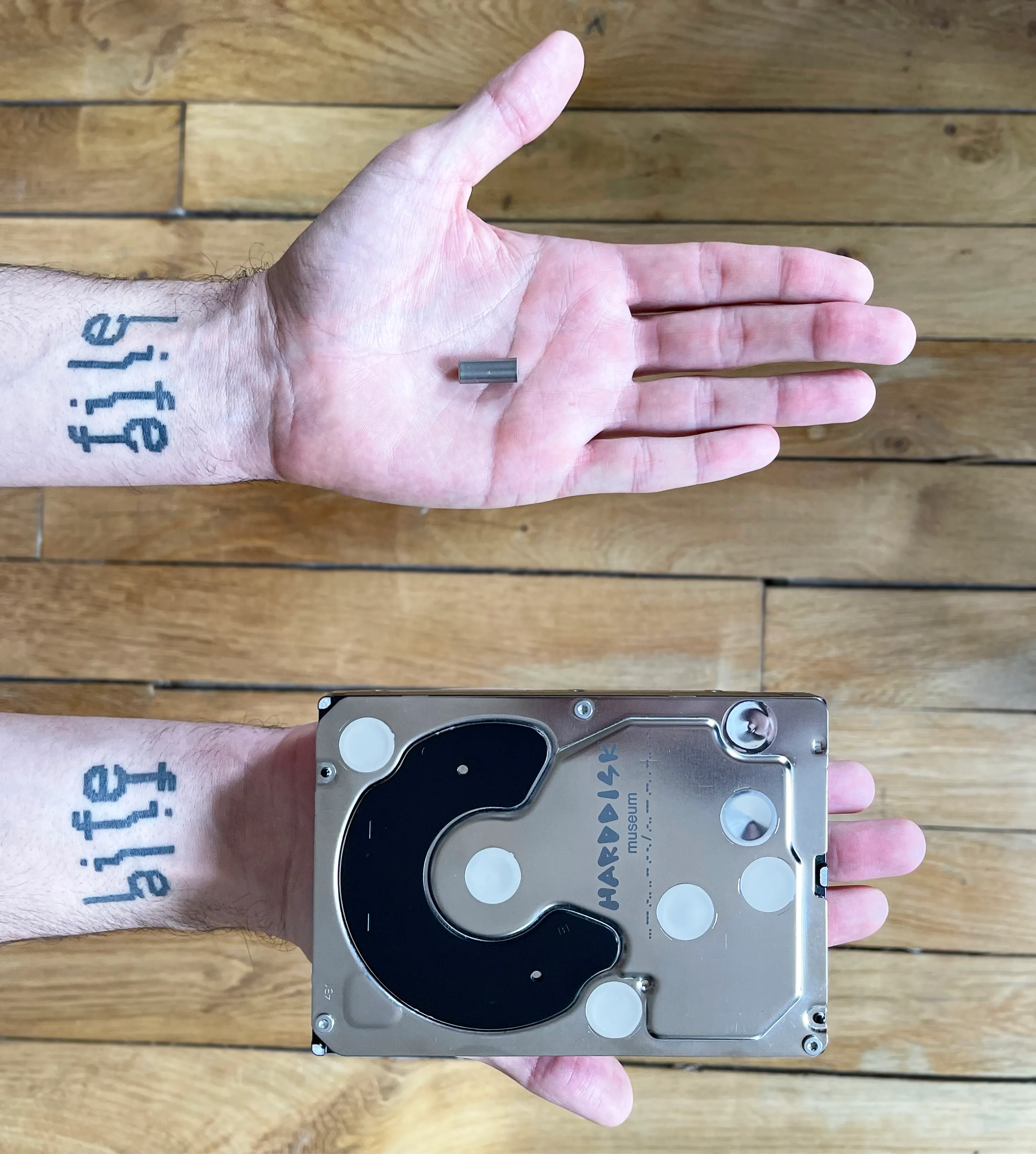 This image shows two symbolic objects in the art history in the hands of the artist.
Below, the Harddiskmuseum, the first digital art museum in history stored on a hard disk founded by Solimán López in 2015.
Above, the metadata of the Museum stored and saved forever in DNA.
The buyer will become a patron-mecenas of the Museum and contribute to the future of the project.
