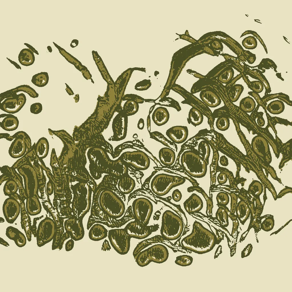 This is part AI, part human analog art, and part human digital art. This piece is generated using a neural generative model (AI) trained on the artist's physical sketchbook. The generation has been re-rendered in a new palette. The physical sketchbook had sketches, doodles, paper cutting, mandalas, zentangles -- often with a brief hand-written description.
