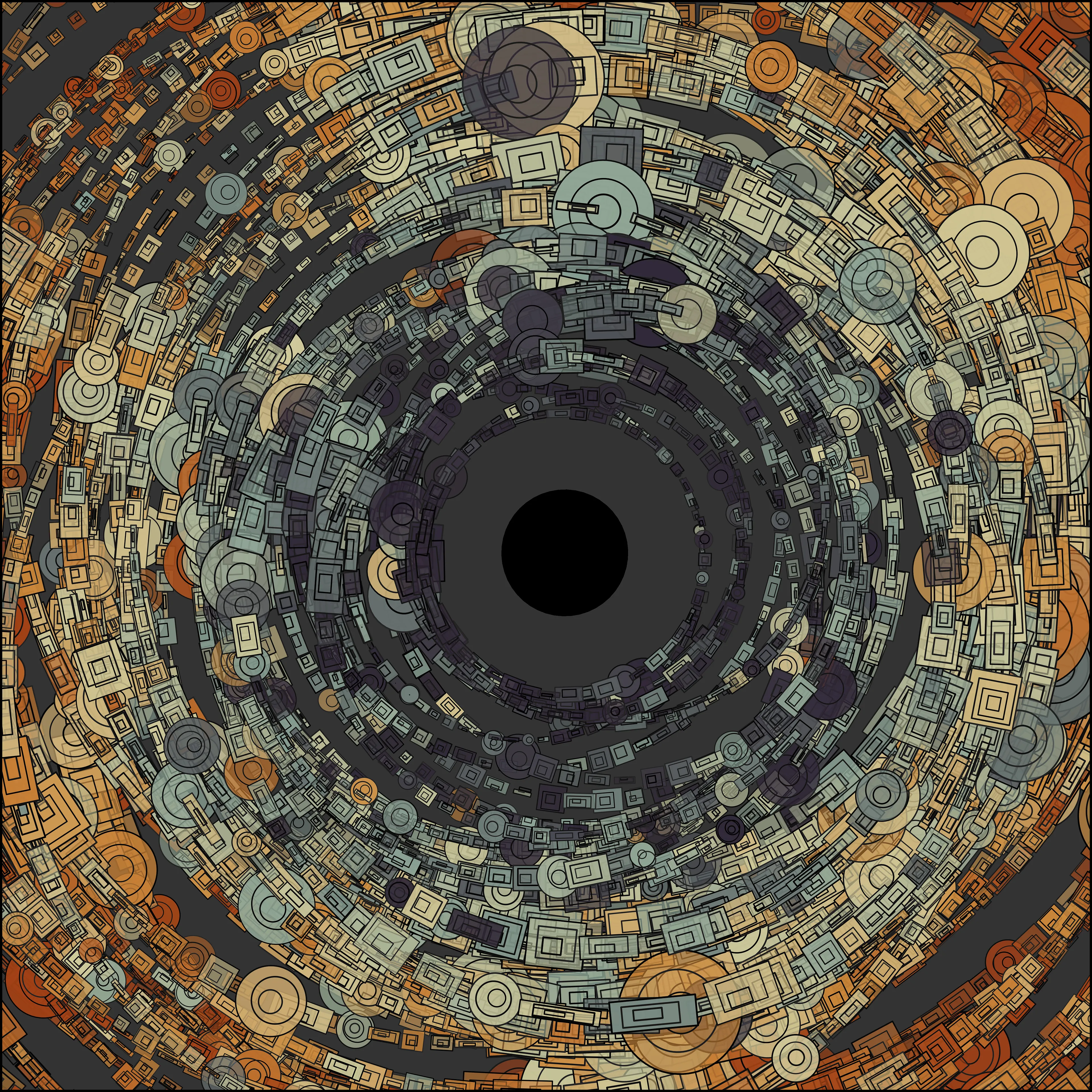 Fleeting Thoughts 1 (R code, 9/22/2021). This is generative artwork with three iterations (numbers 1,2,3). The code drew a series of 55 orbits from widest to narrowest with random jitter added to the center of each one. The approximately sixty segments in each orbit were randomly transformed into circles or rectangles with varied proportions. An unseen, smoothed warp field was used to rescale all of the shapes. Colors were selected from a jittered and variable gradient, based on distance from the center. Finally, a black disc was added to the center of the smallest orbit. The image dimensions are 20x20 inches and 300 DPI, which produced a file size below the limit, which provides a higher resolution (more detail) than the original version shown online.