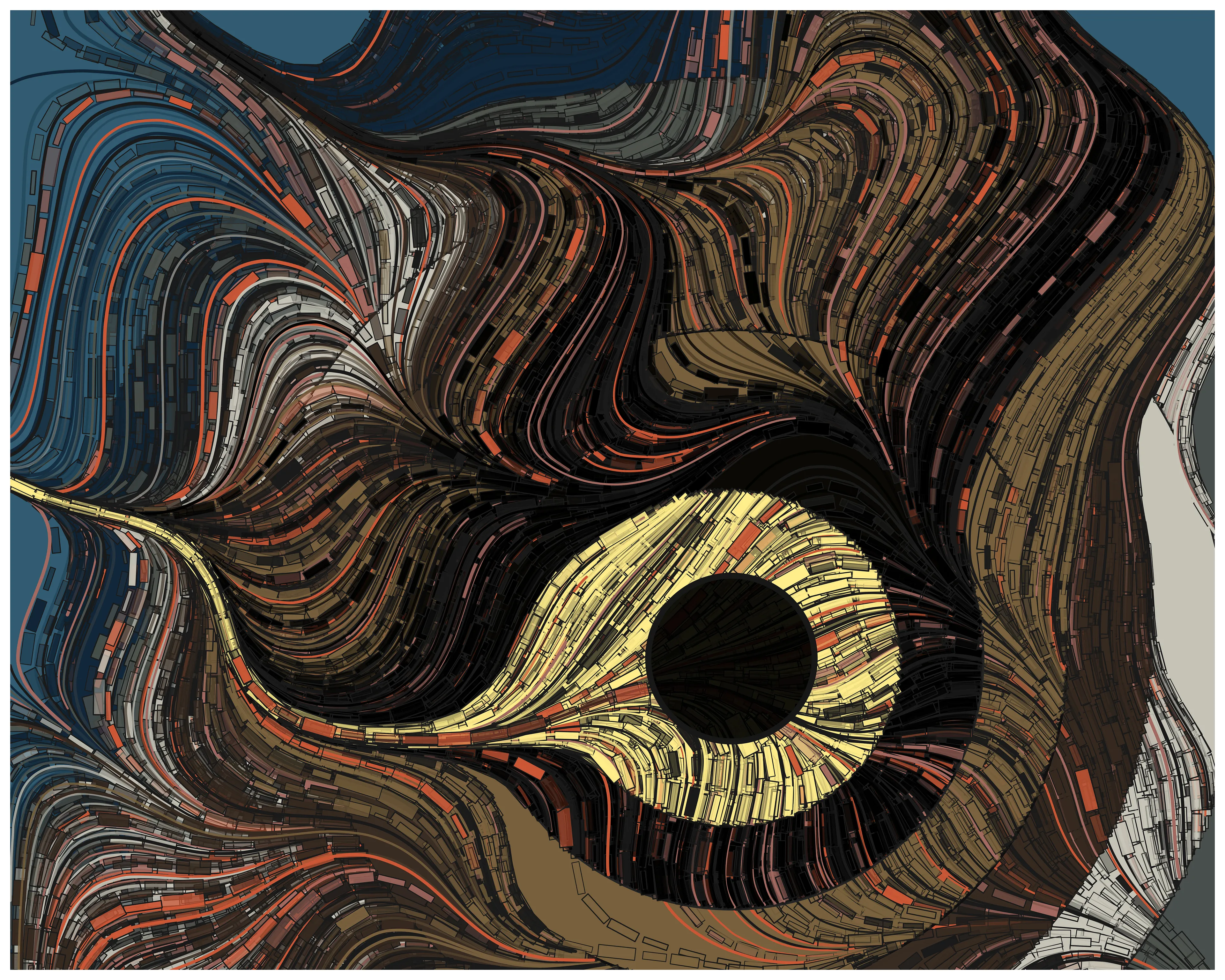 The Lion 2 (R code, 9/27/2021). This is an iteration generative artwork (numbers 1,2,3). An homage to "The Sleeping Gypsy" by Henri Rousseau (1897). The color gradient was patterned after the lion, looming near a sleeping figure, strands of color patterned after her hair. The code art drew a series of eight consecutively smaller concentric discs atop a bluish background. Each disc was traced in a dark gray edge of randomly varied thickness, and each of the boundary points along the edge was used to seed a path along an unseen flow field. Some of those paths were drawn as narrow rectangles, with varied transparency, while others were drawn as lines. The penultimate, bright yellow disc of the lion's eye was the last with emanating flow paths, with the disc in its center plotted simply and filled black. The image dimensions are 20x16 inches and 300 DPI, which produced a file size below the limit, which provides a higher resolution (more detail) than the original version shown online.