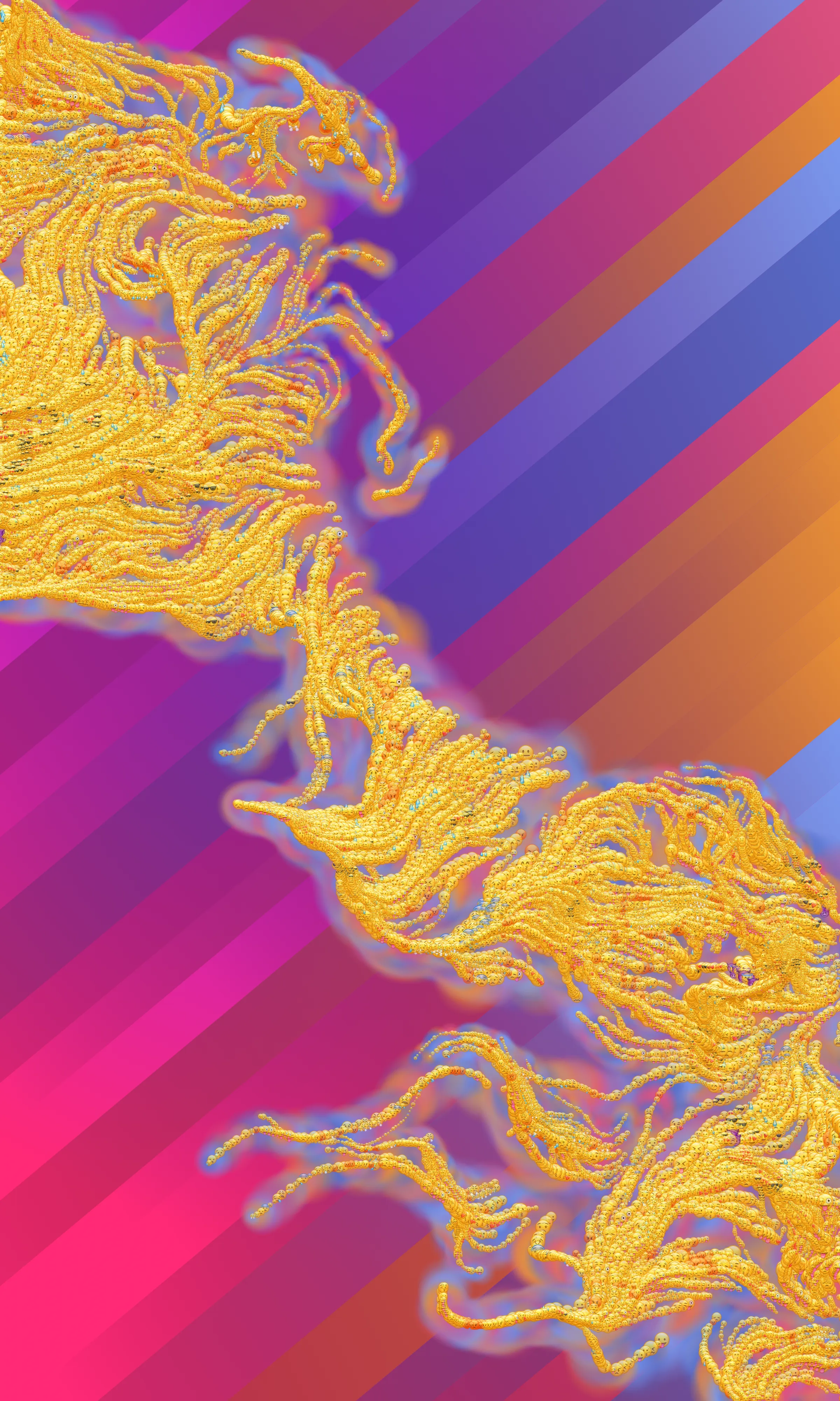 The "Interfaces" cycle explores the ways we connect to our machines and the ways they connect to each other.

"Social Media" (aka "😜"), the first exploration, uses various generative algorithms in combination to depict our lasting affection with shallow emotional expressions and the never-ending deluge of them.

2400 x 4000 pixels, PNG.

Created with p5.js + JavaScript + canvas.