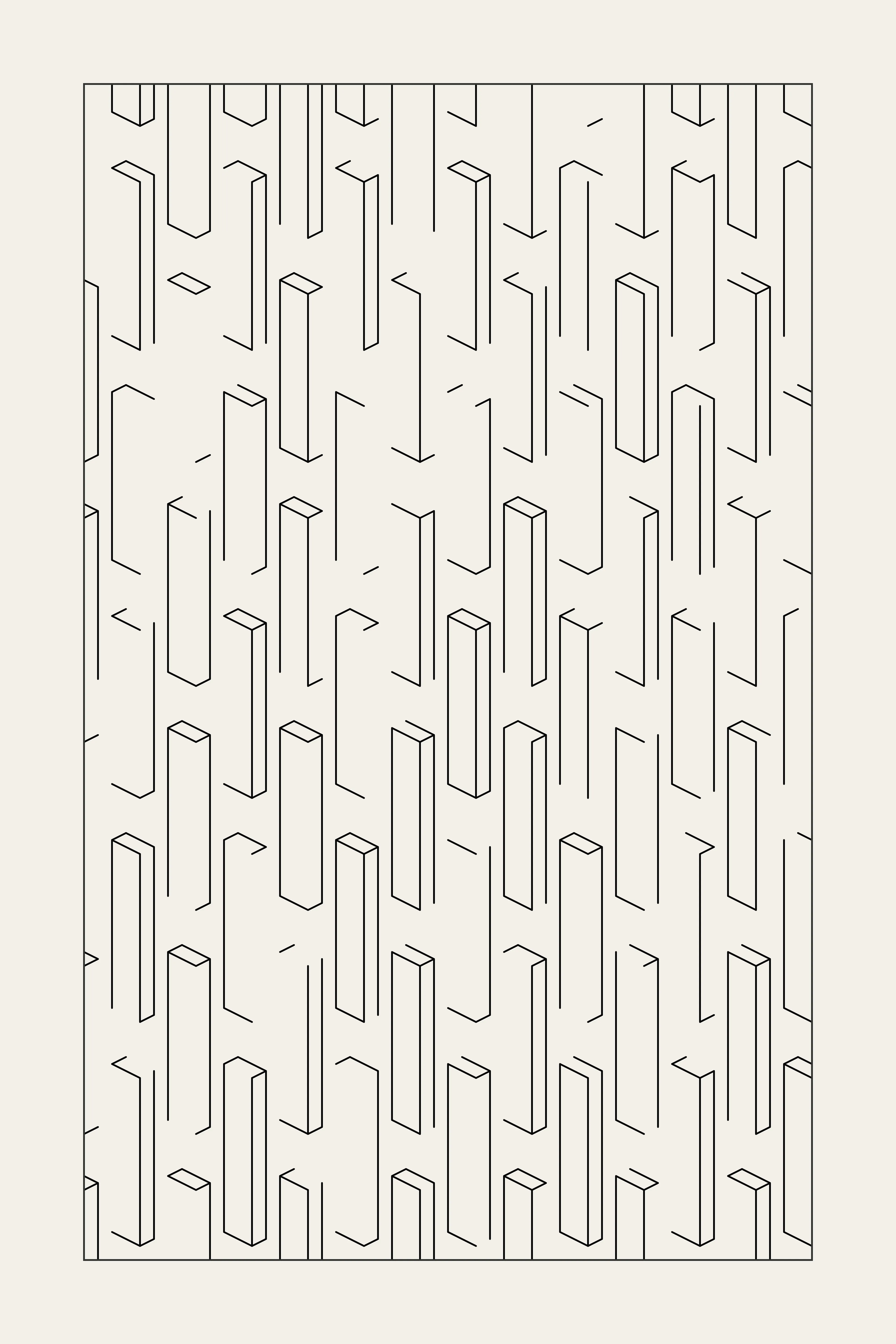 Incomplete, isometric structures organized repetitiously in a grid. The Pillars series 2 has a minimalistic expression and consists of a four-piece set generated by code with either a random distribution of colors or monochromatic colors.

PNG 8192 × 12288