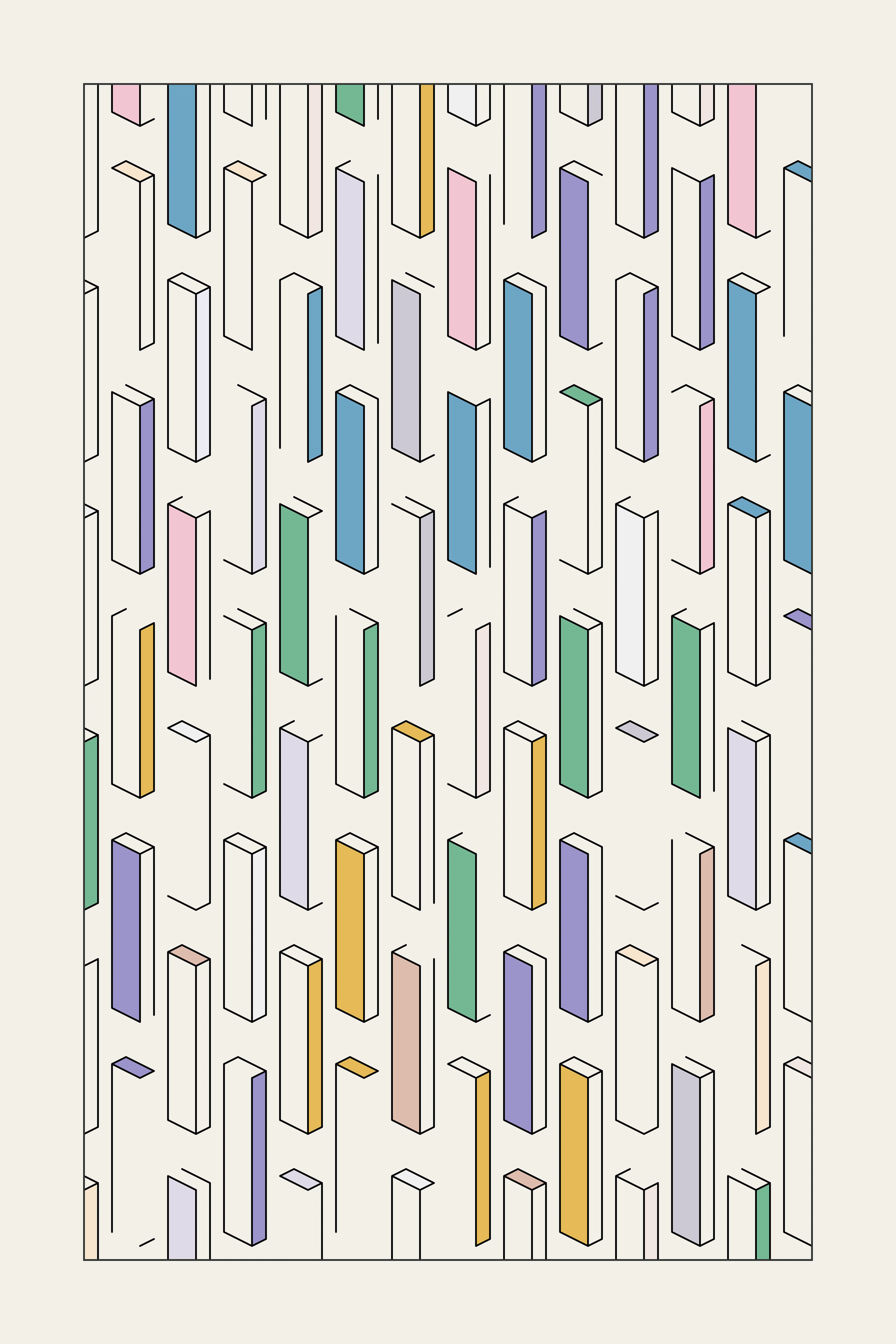 Incomplete, isometric structures organized repetitiously in a grid. The Pillars series 2 has a minimalistic expression and consists of a four-piece set generated by code with either a random distribution of colors or monochromatic colors.

Colors from Matt DesLauriers' paper-colors set. 

PNG 8192 × 12288