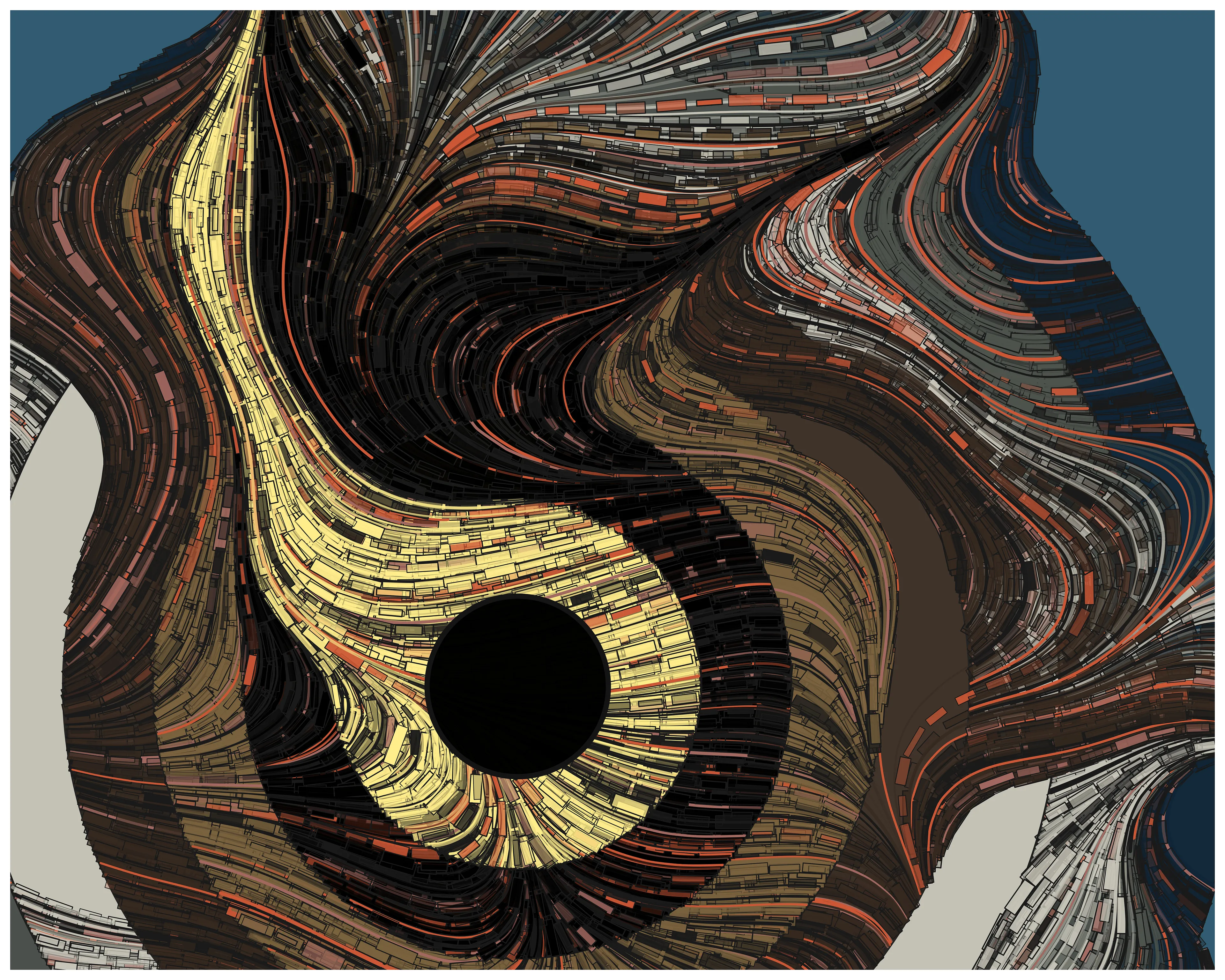 The Lion 1 (R code, 9/27/2021). This is an iteration generative artwork (numbers 1,2,3). An homage to "The Sleeping Gypsy" by Henri Rousseau (1897). The color gradient was patterned after the lion, looming near a sleeping figure, strands of color patterned after her hair. The code art drew a series of eight consecutively smaller concentric discs atop a bluish background. Each disc was traced in a dark gray edge of randomly varied thickness, and each of the boundary points along the edge was used to seed a path along an unseen flow field. Some of those paths were drawn as narrow rectangles, with varied transparency, while others were drawn as lines. The penultimate, bright yellow disc of the lion's eye was the last with emanating flow paths, with the disc in its center plotted simply and filled black. The image dimensions are 20x16 inches and 300 DPI, which produced a file size below the limit, which provides a higher resolution (more detail) than the original version shown online.
