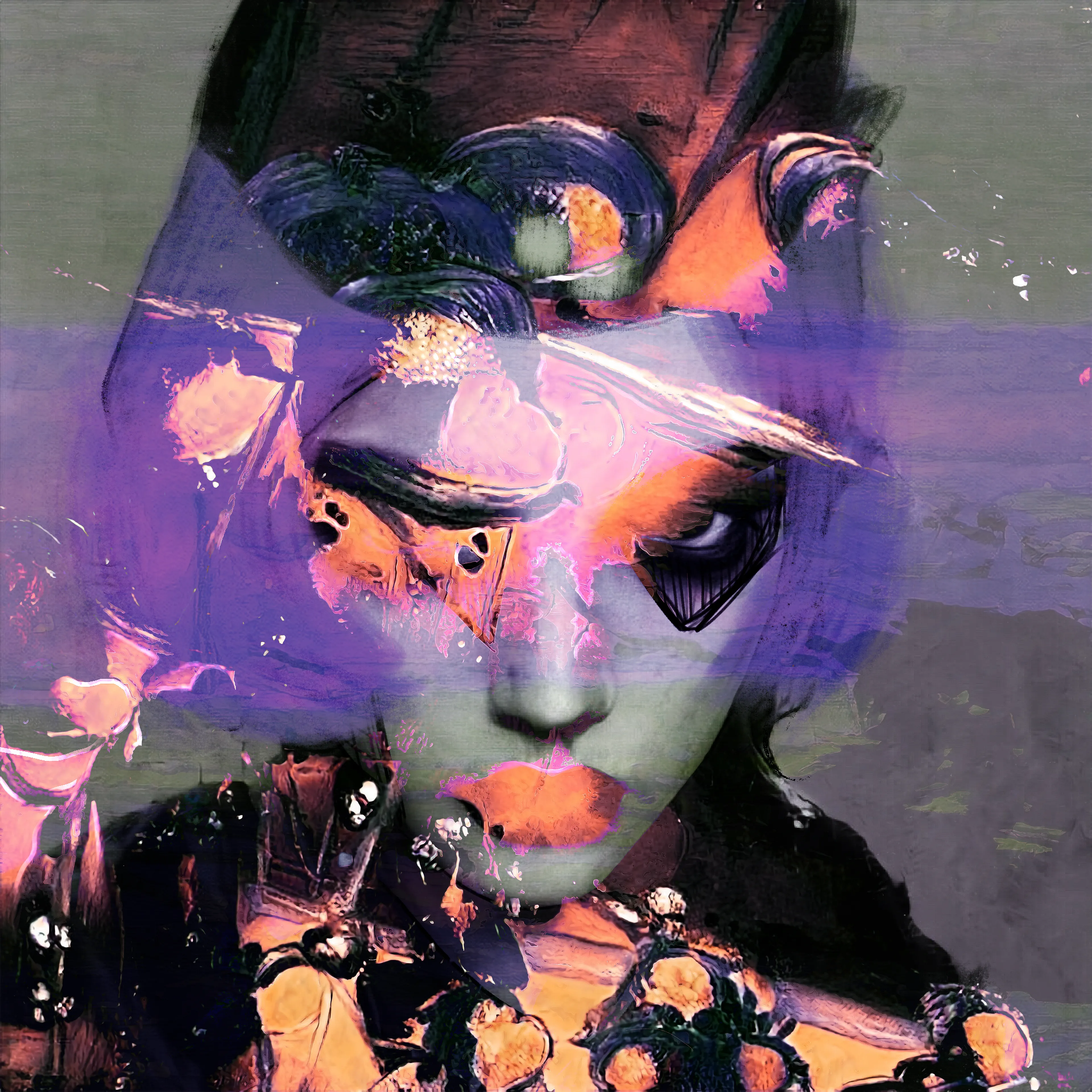 AI, Digital. 

This piece is in part a self portrait, based upon the layers of experience--both traumatic and triumphant--that make up who we are as people. It uses Artifical Intelligence, acrylic paint skins, and many transparent layers of glowing, digital hand-painting to achieve the final result. As with all my portraiture, about 7 percent of my face is trained into the character represented here.

I feel that we wear our trauma, whether we intend to or not, and it's up to us to decide if it is worn as shackles, as armor, or as decoration. For this self-portrait, the chaos and energy of those experiences are arranged in a way that enhances the beauty and character of the figure. She would not be the same without them, and the hand-crafted details speak to her intention of weaving them into her story and who she is. She is proud of her whole self, her whole story, and she insists you do not look away.